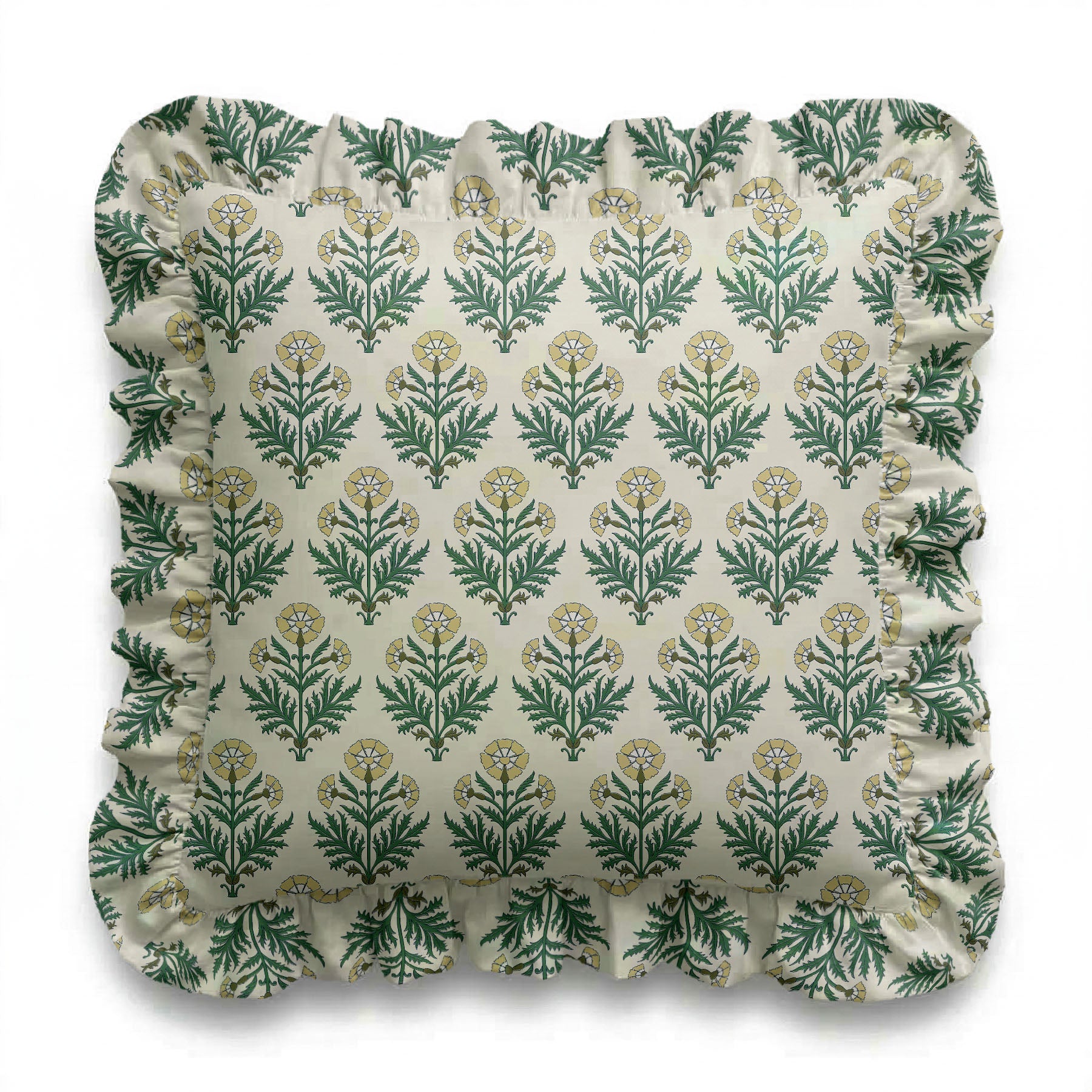 Decorative pillow with green floral pattern on a white background