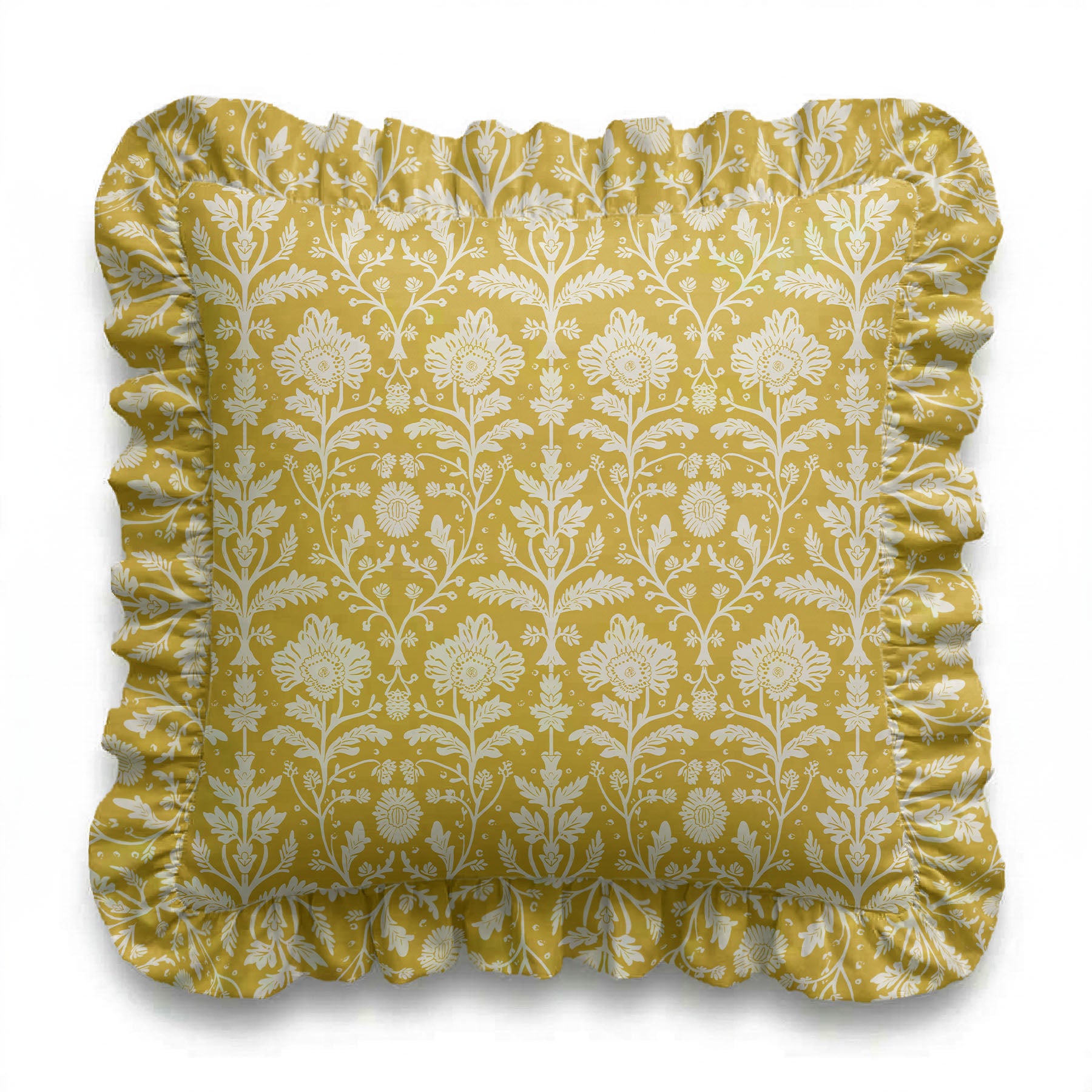 Yellow floral patterned pillow with ruffled edge on a white background
