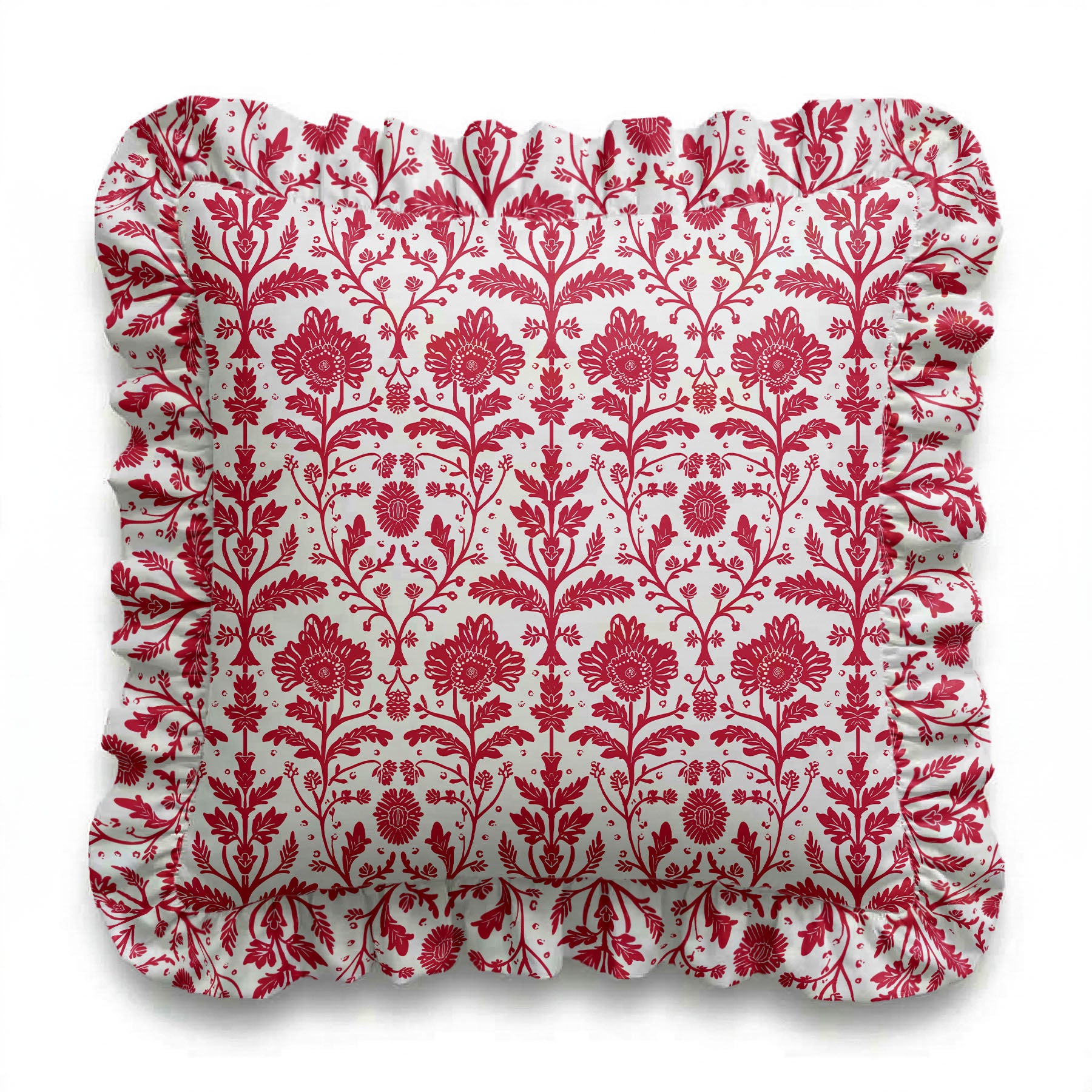 Red floral patterned cushion on a white background