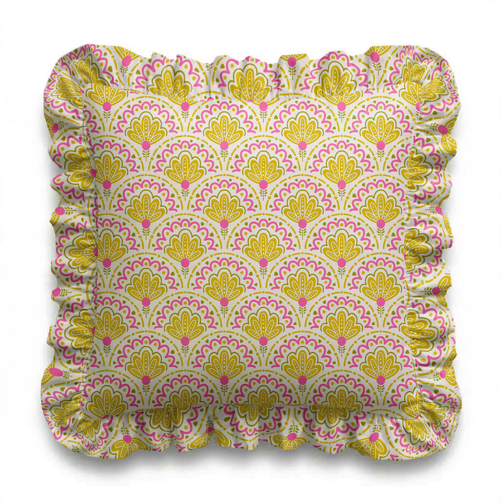 Patterned fabric swatch with yellow and pink design on a white background