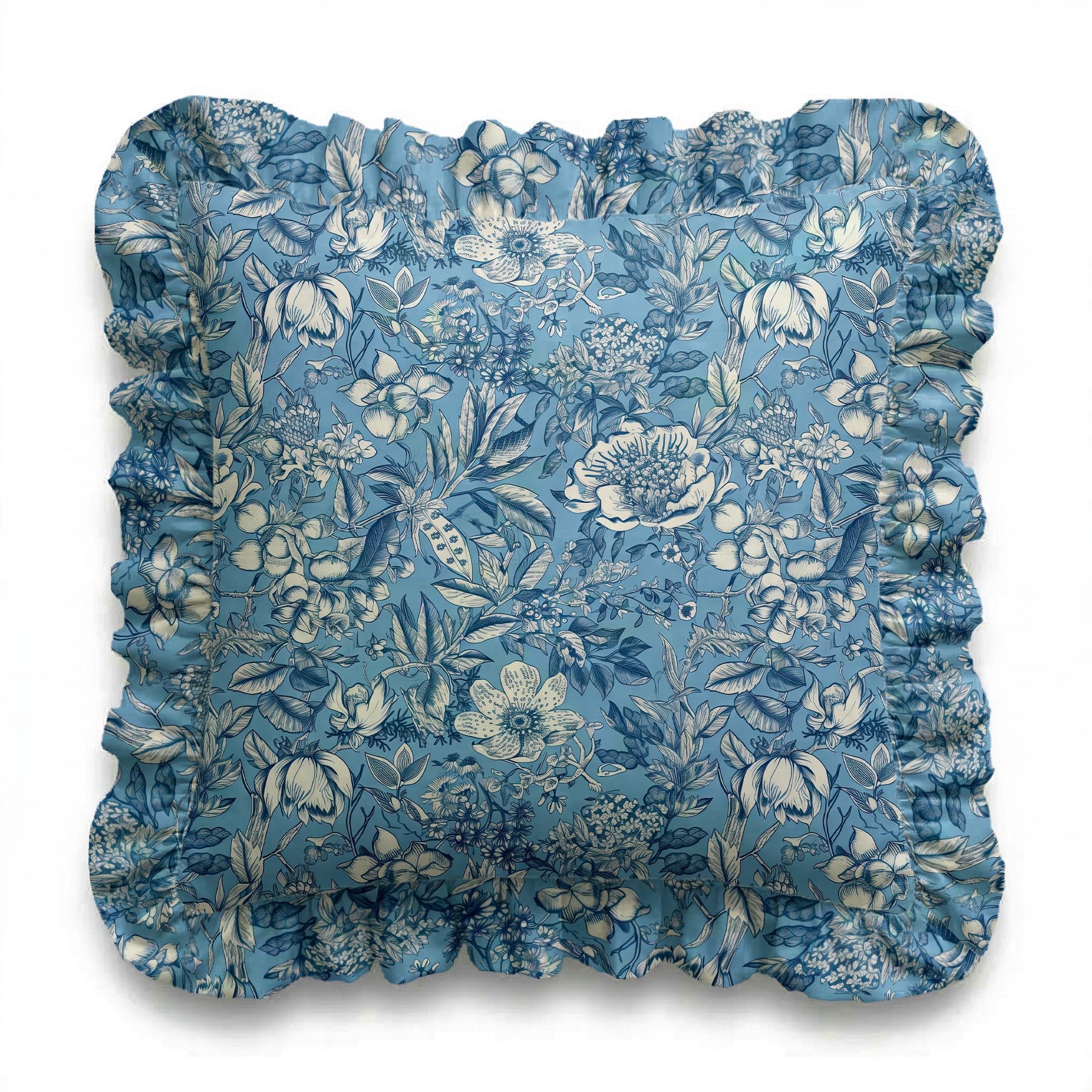 Blue floral cushion with ruffled edges on a white background