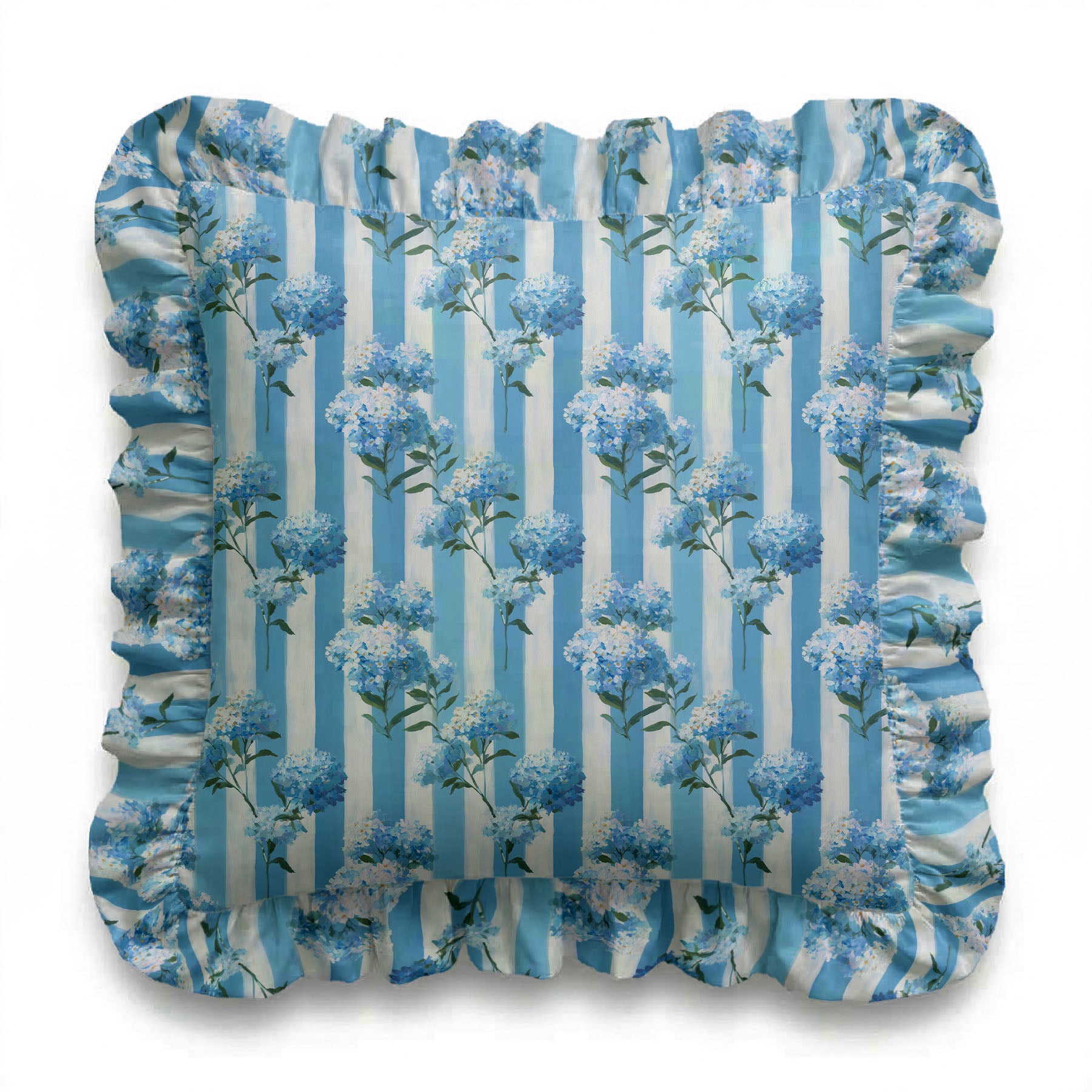 Decorative pillow with blue floral pattern on a striped background