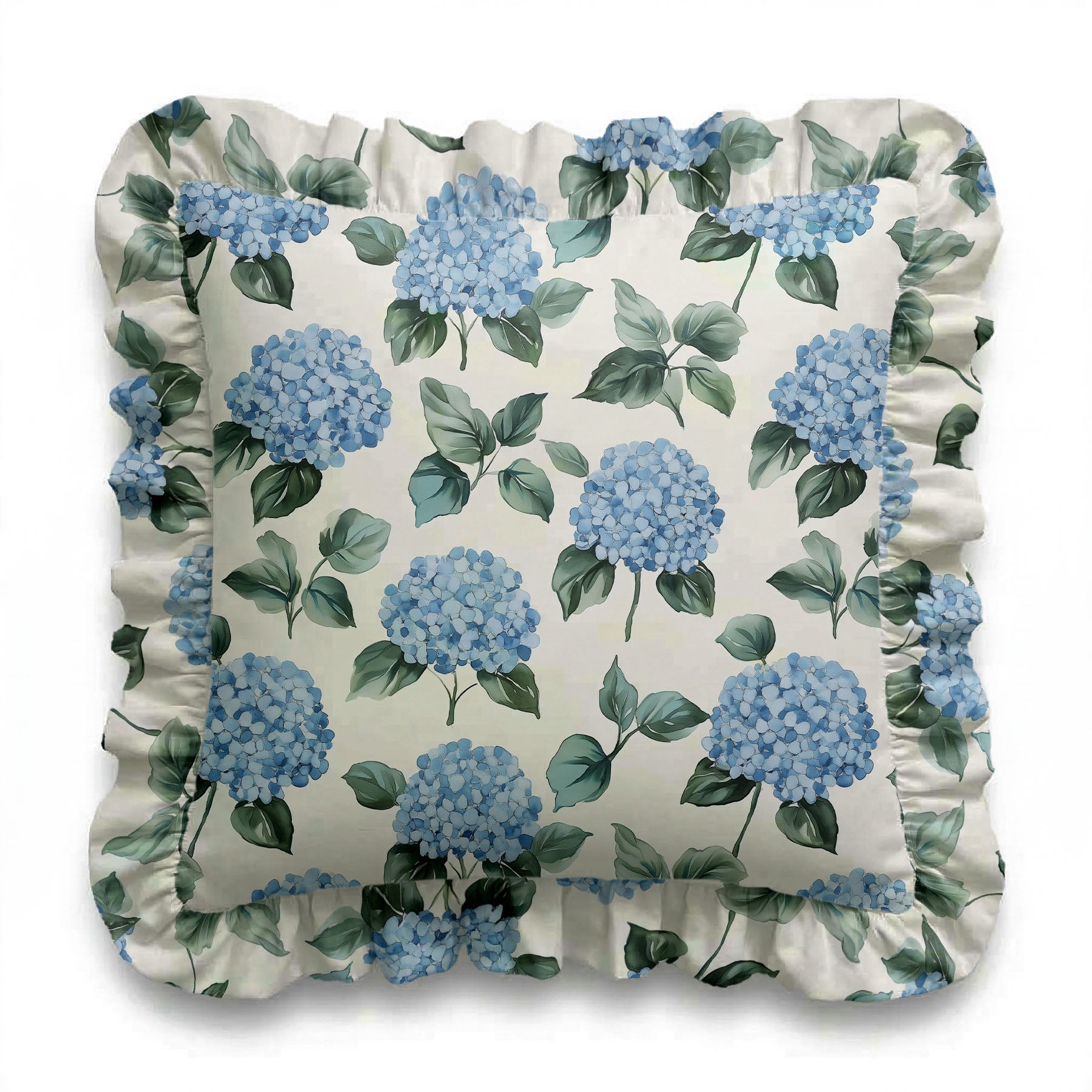 Decorative pillow with blue hydrangea floral pattern on a white background