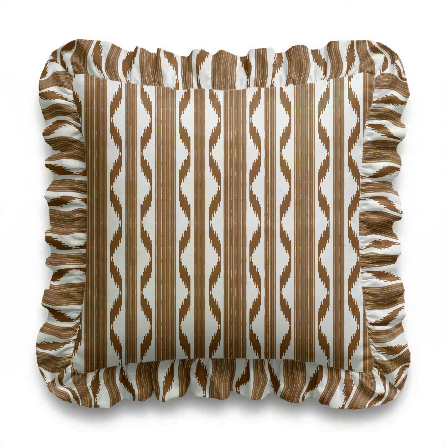 Decorative pillow with brown and beige wavy pattern on a white background