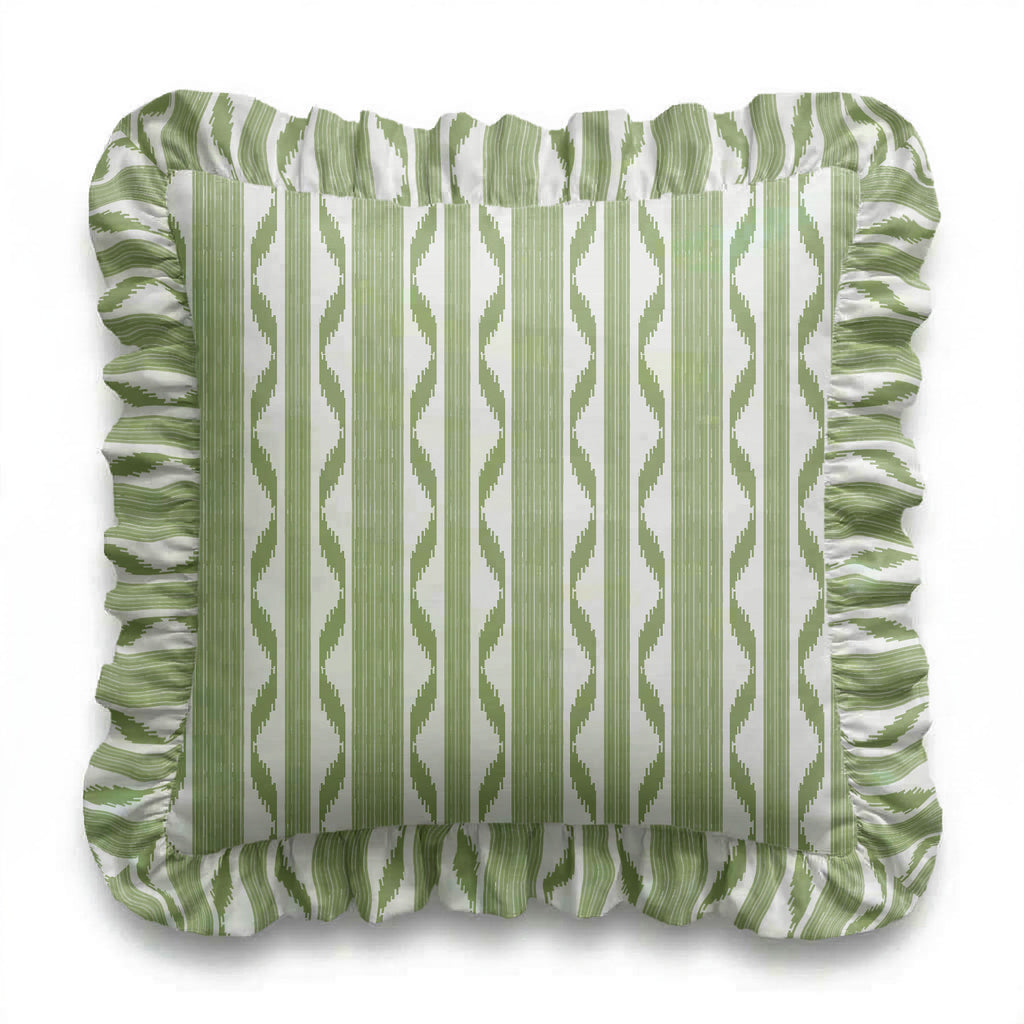 Green and white striped pillow with ruffled edge on a white background
