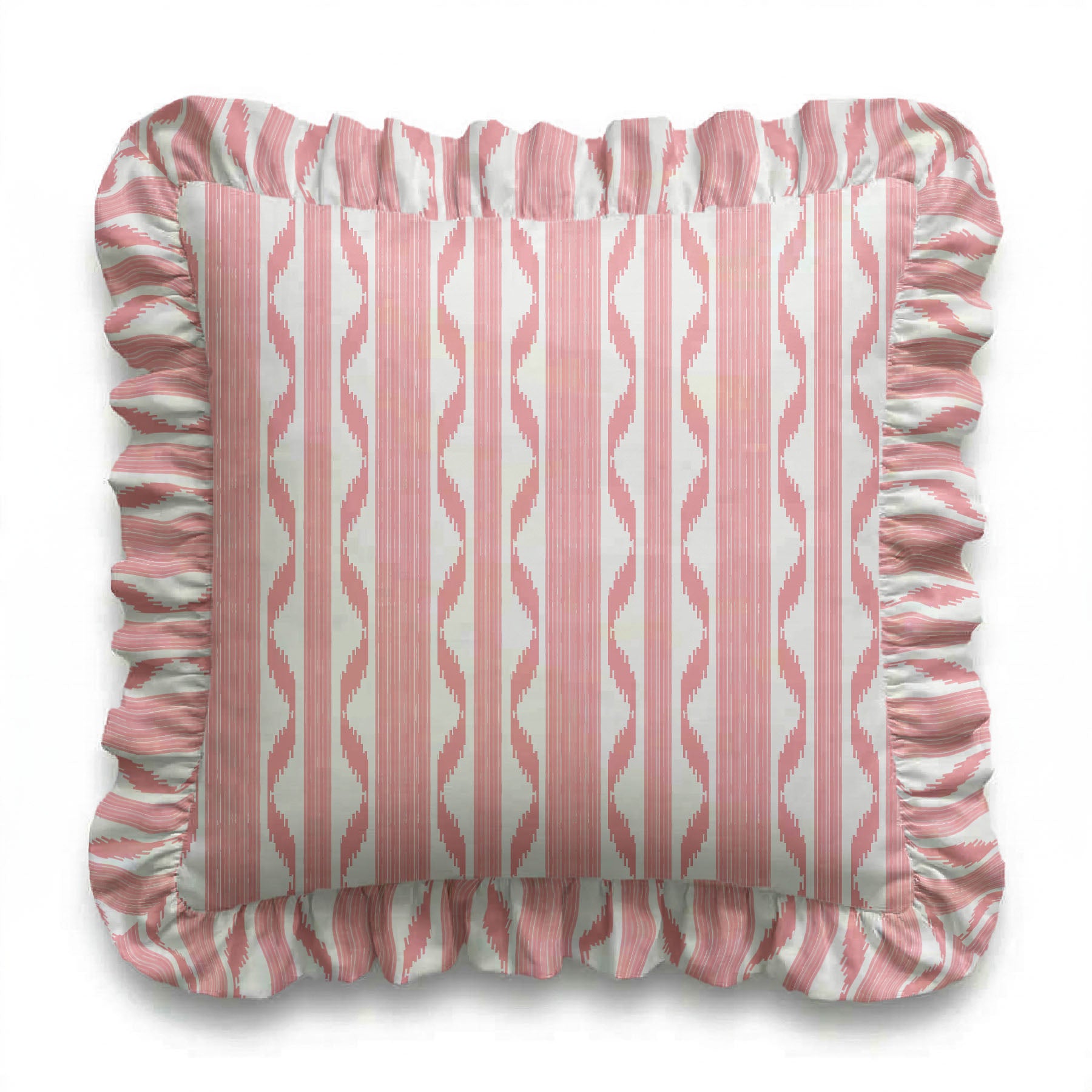 Pink and white striped pillow with ruffled edge on a white background
