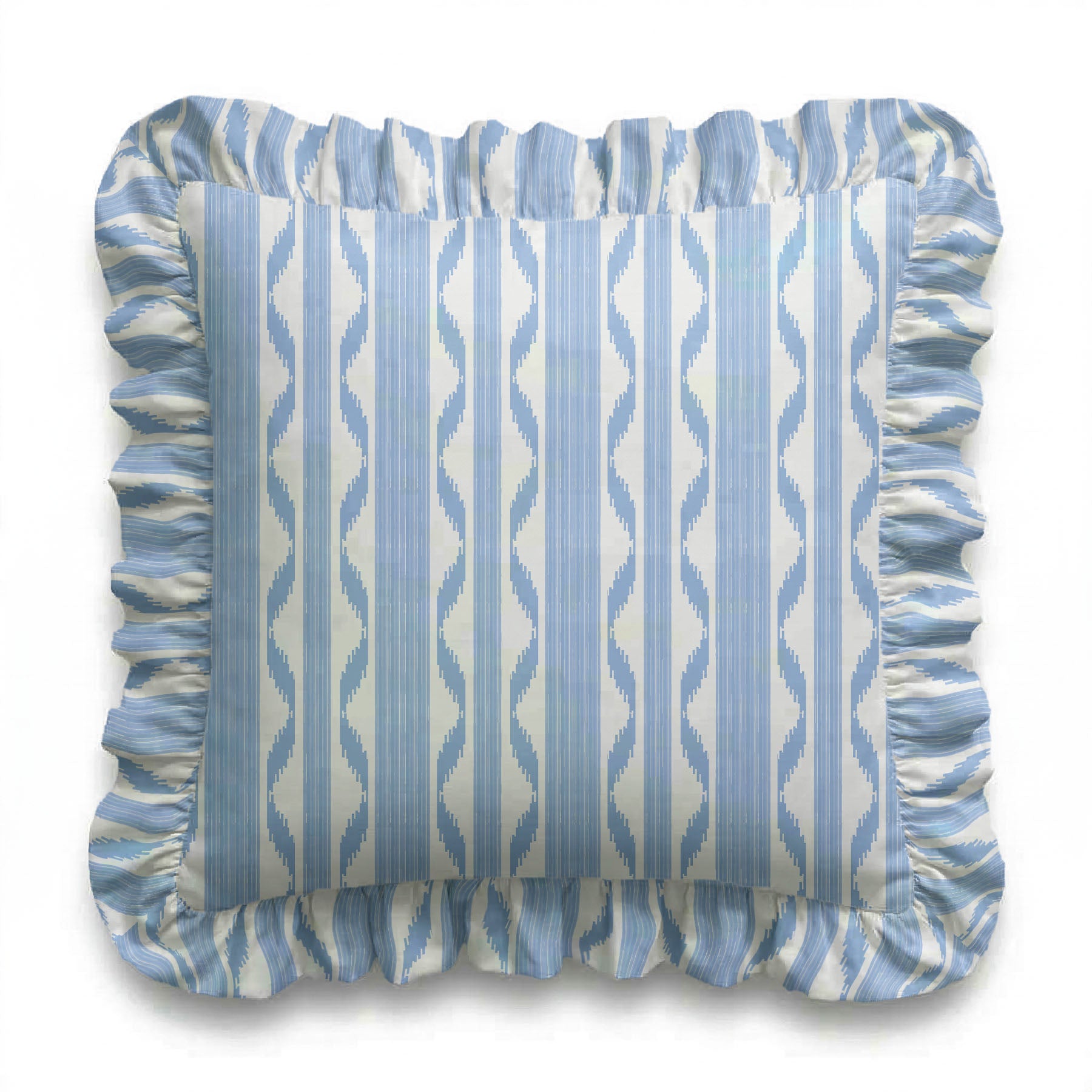 Decorative pillow with blue and white striped pattern on a white background