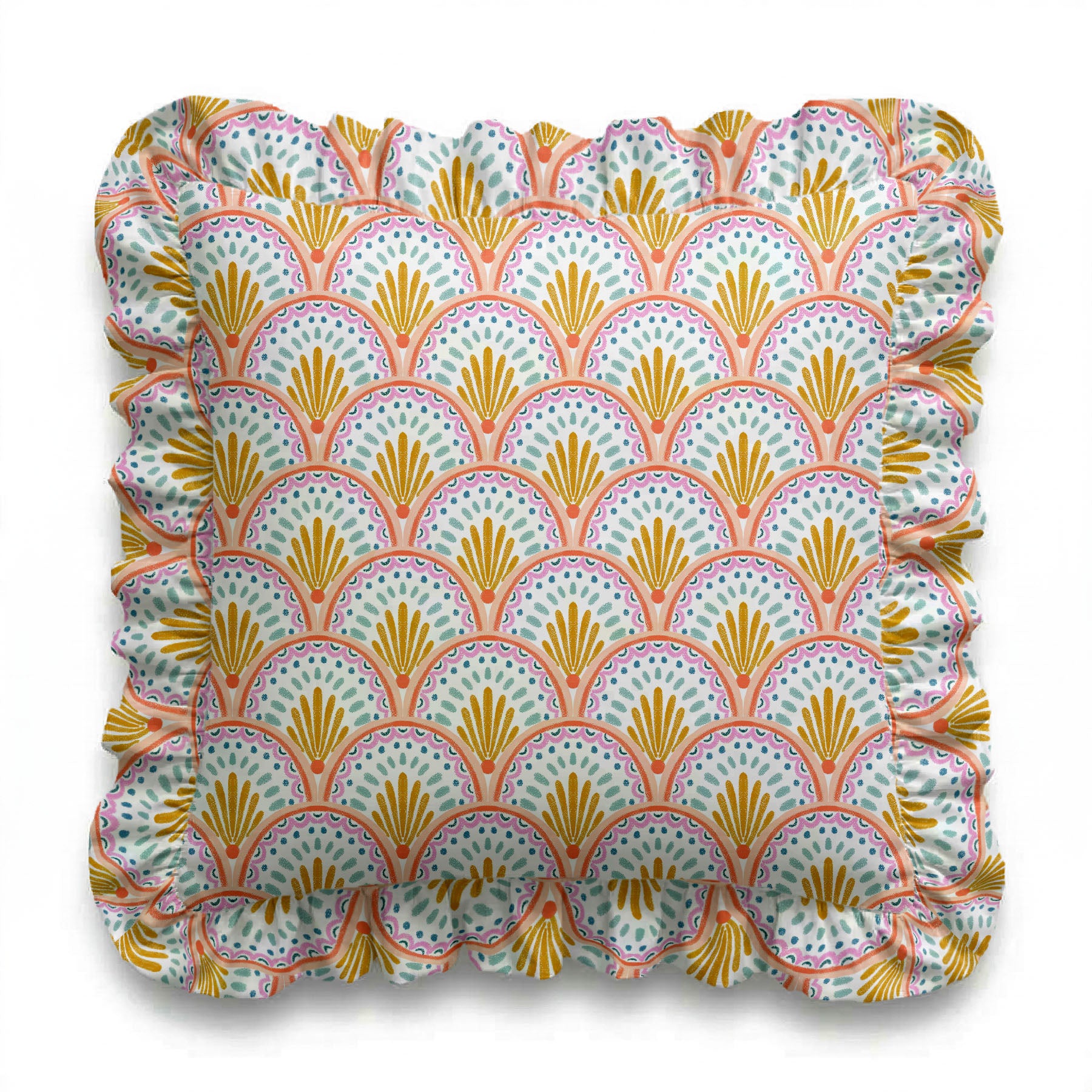 Decorative pillow with a colorful shell pattern on a white background