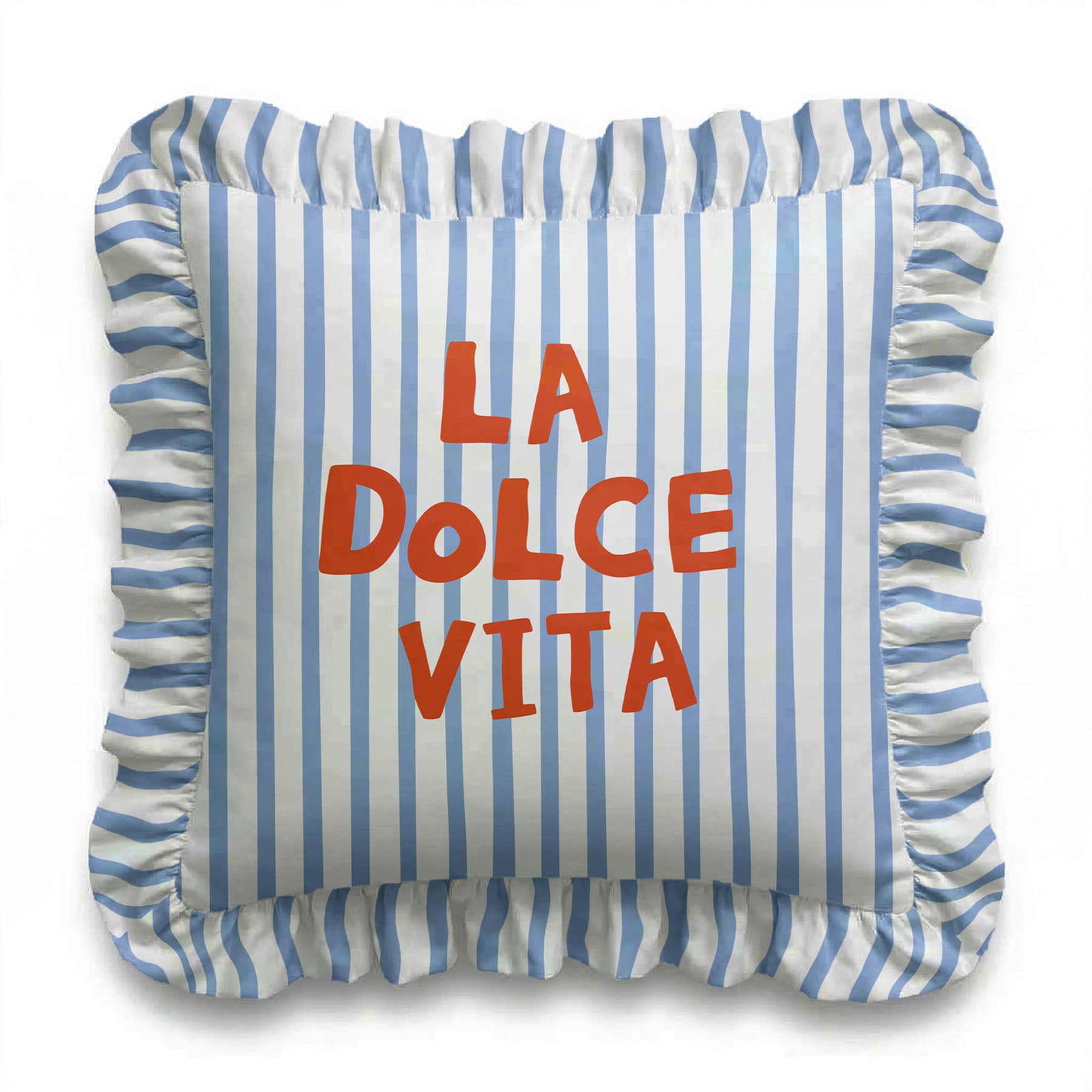 Striped pillow with 'La Dolce Vita' text on a white background