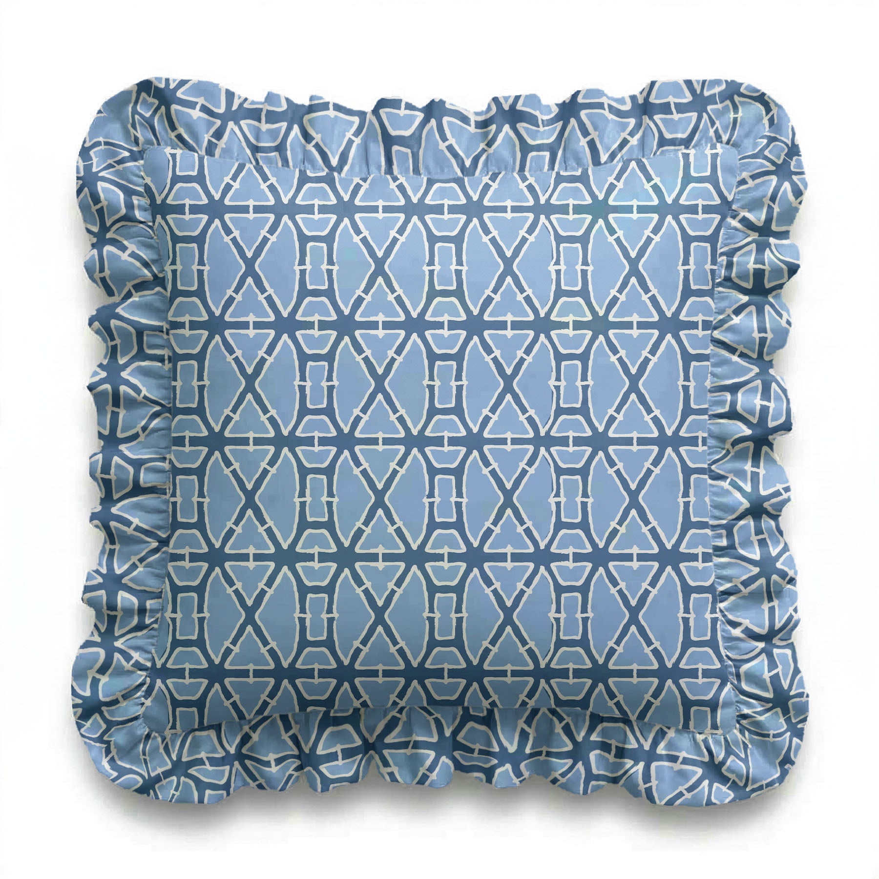 Blue patterned pillow on a white background