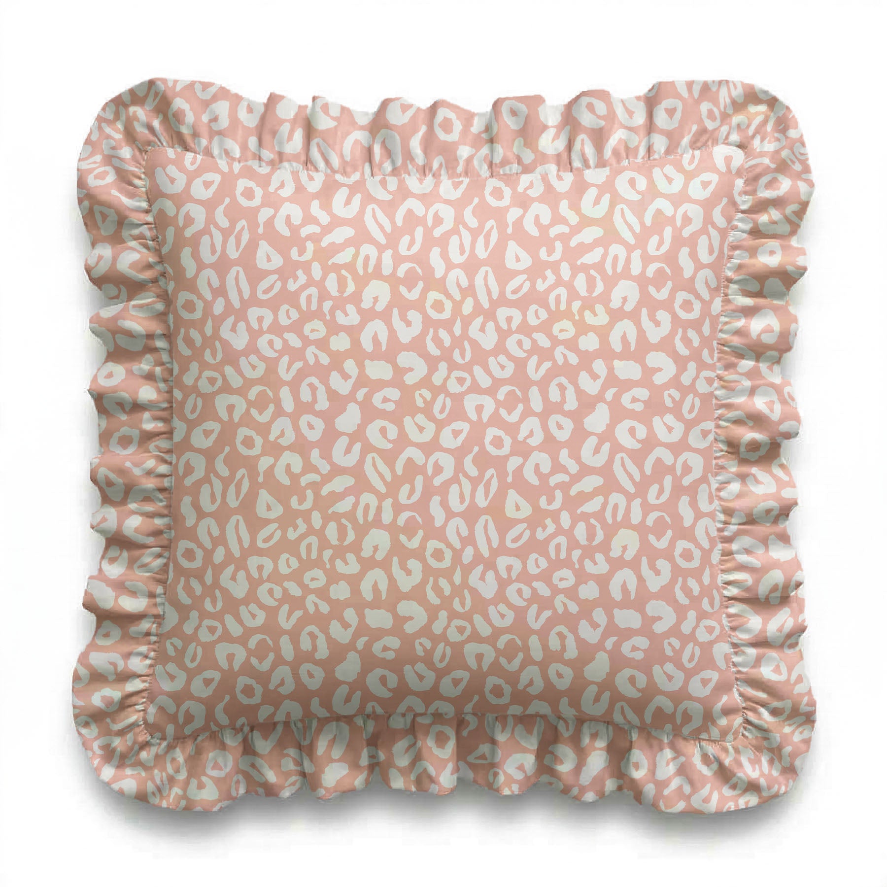 Pink pillow with white leopard print pattern on a white background