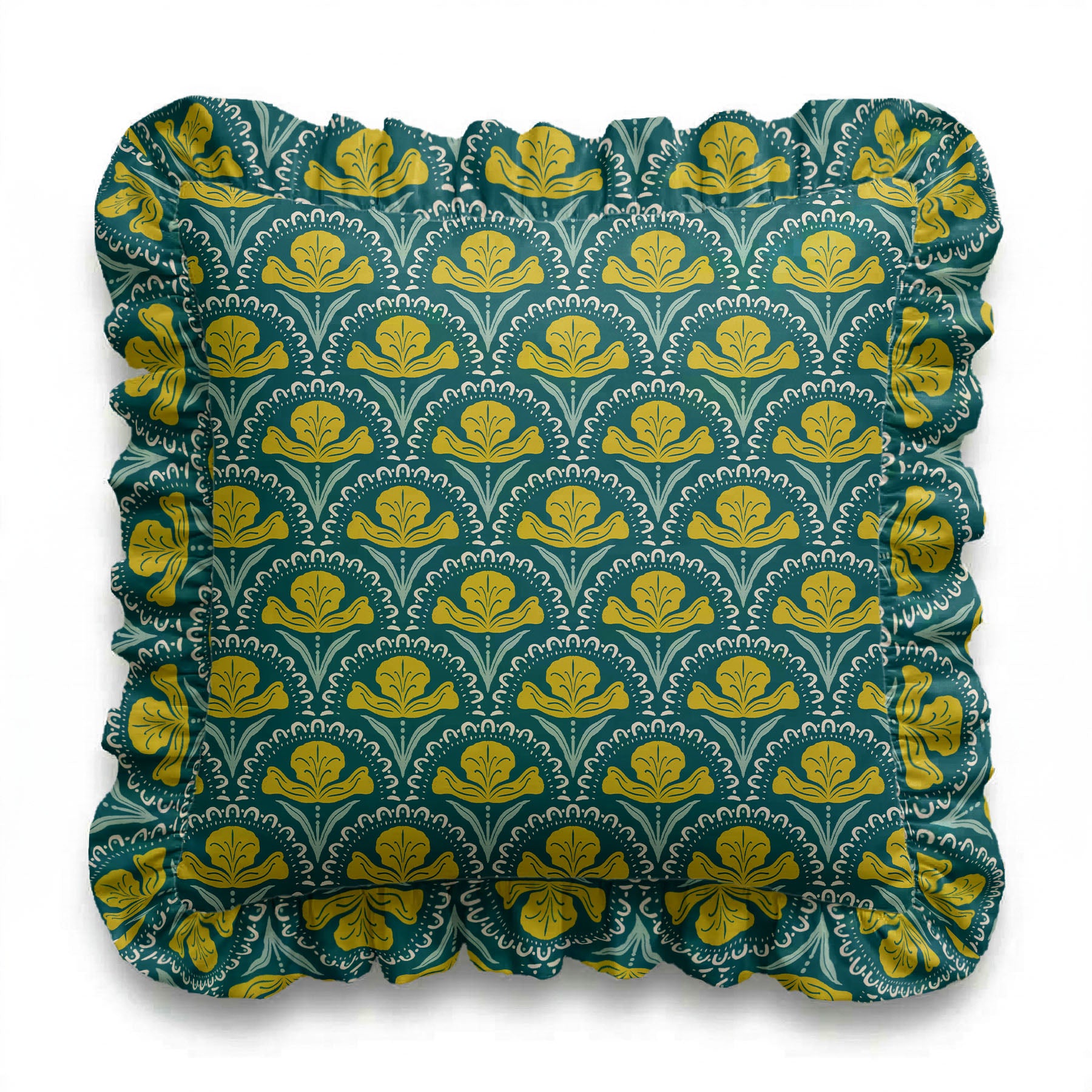 Decorative pillow with green and yellow floral pattern on a white background