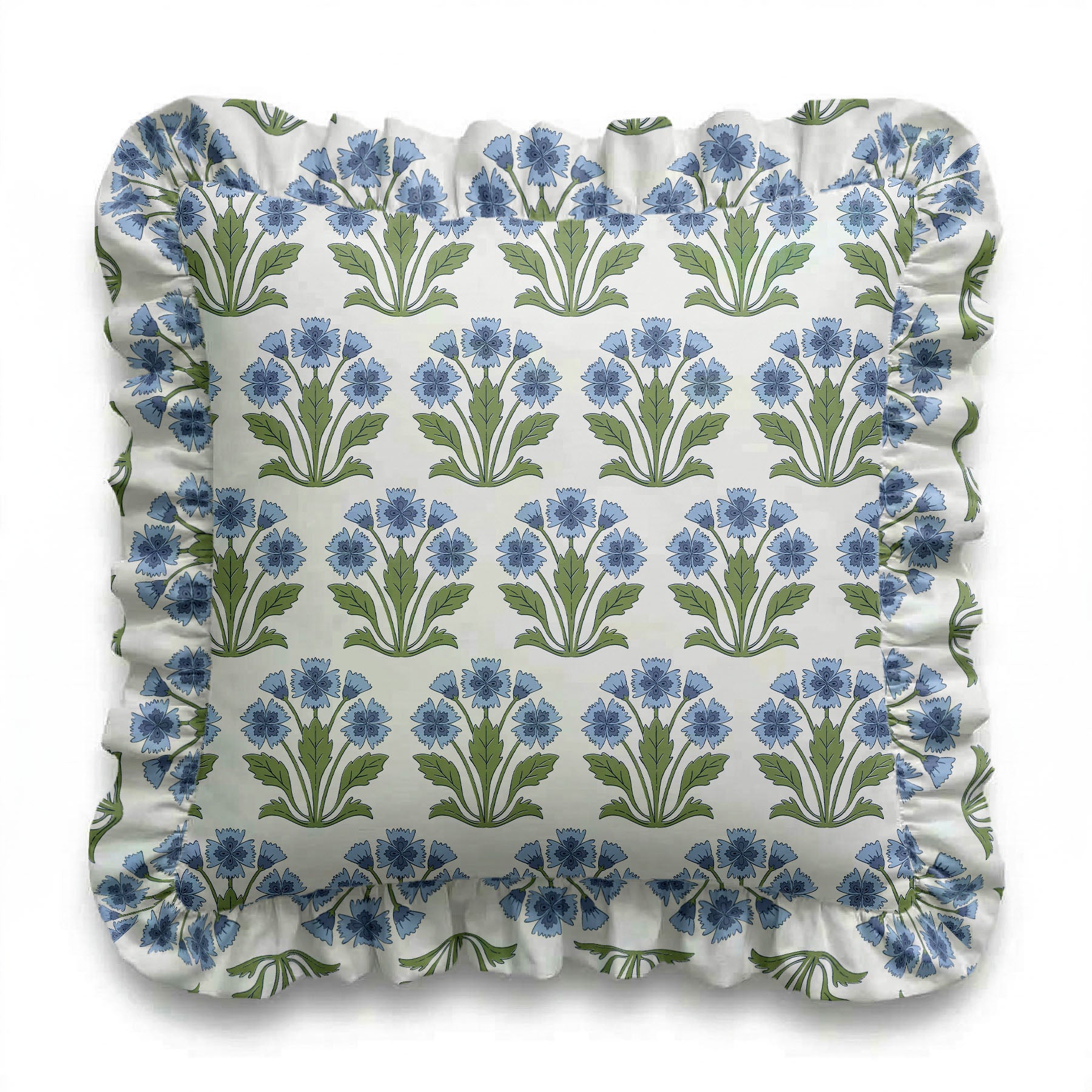 Decorative pillow with blue floral pattern on a white background