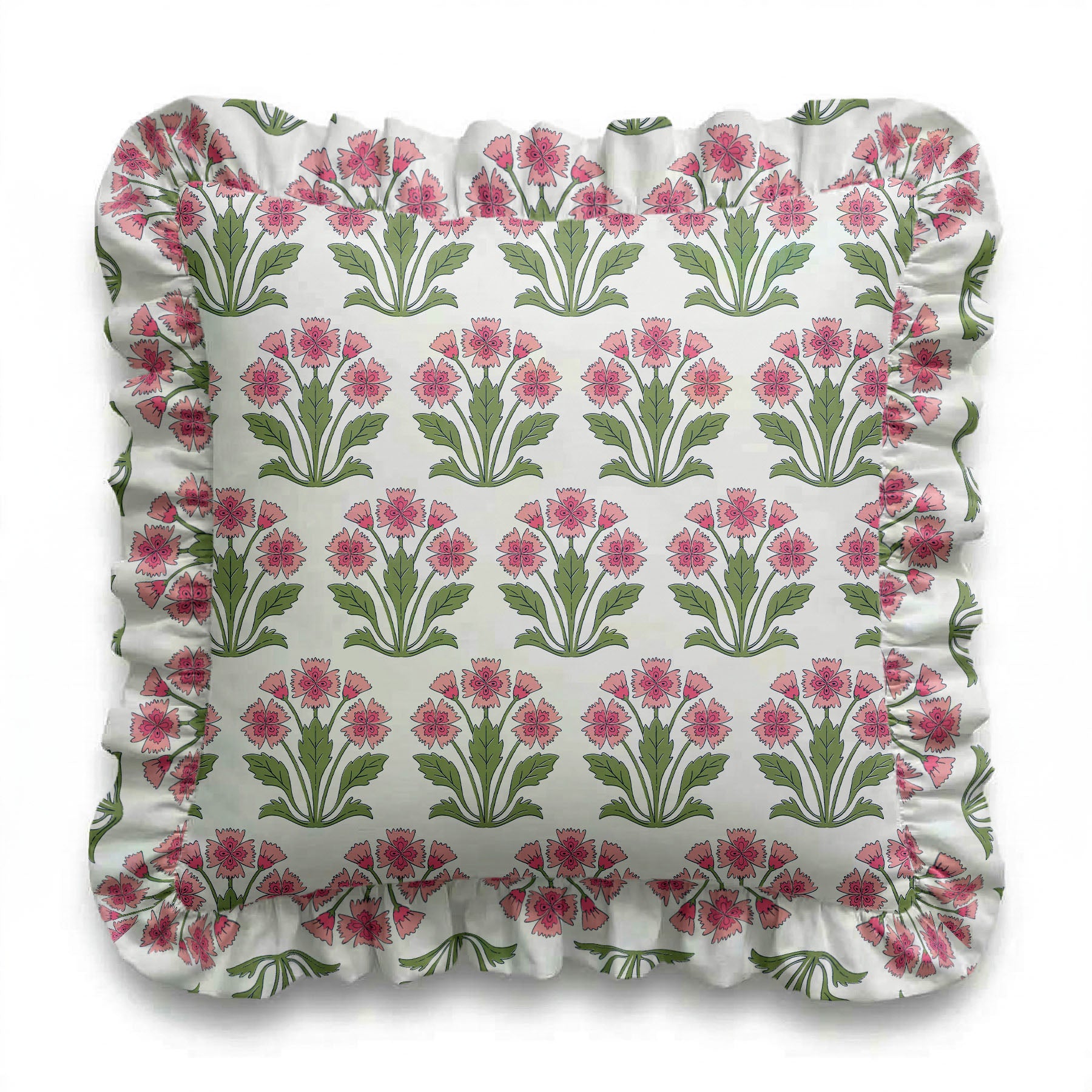 Floral patterned cushion with ruffled edge on a white background
