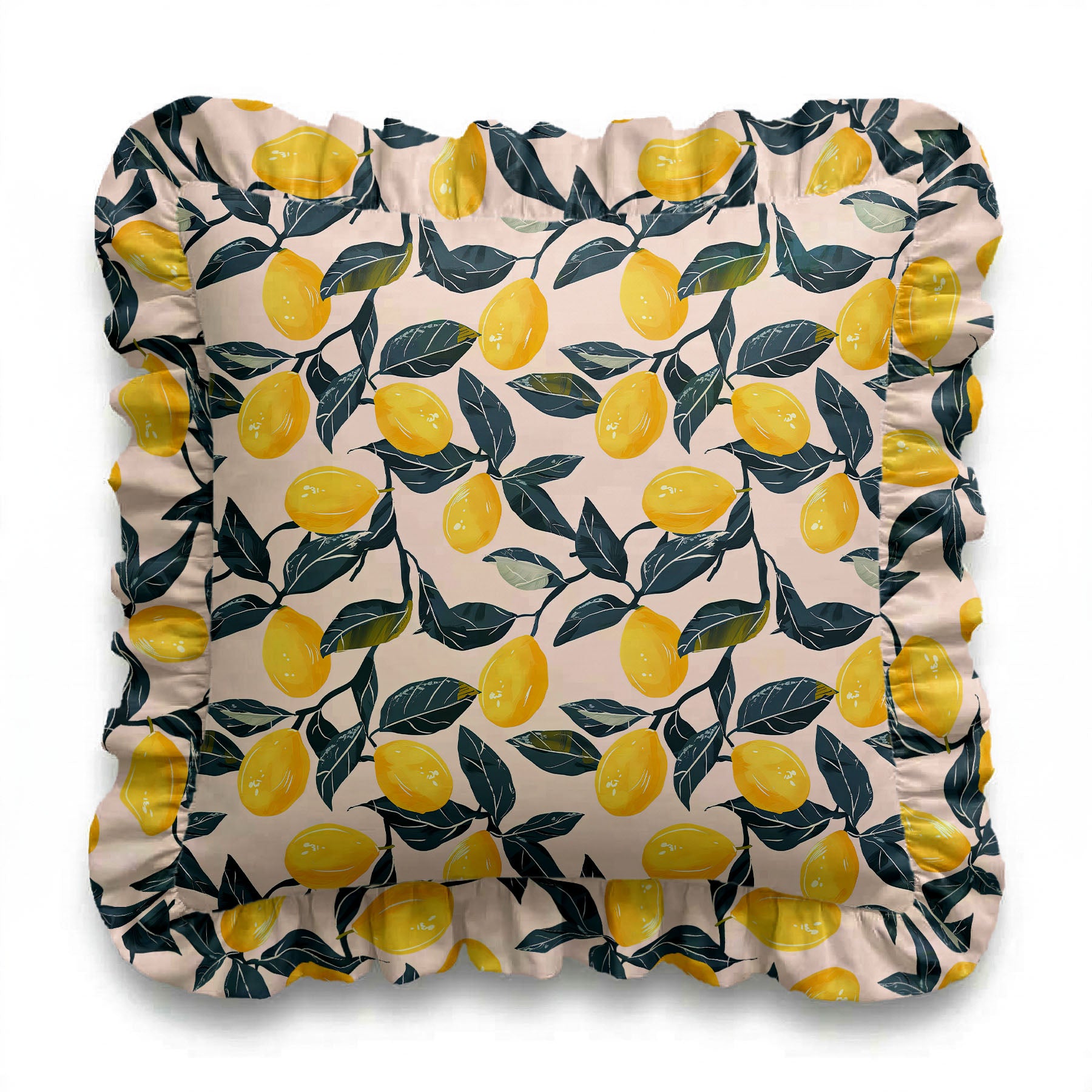 Decorative pillow with lemon and leaf pattern on a white background