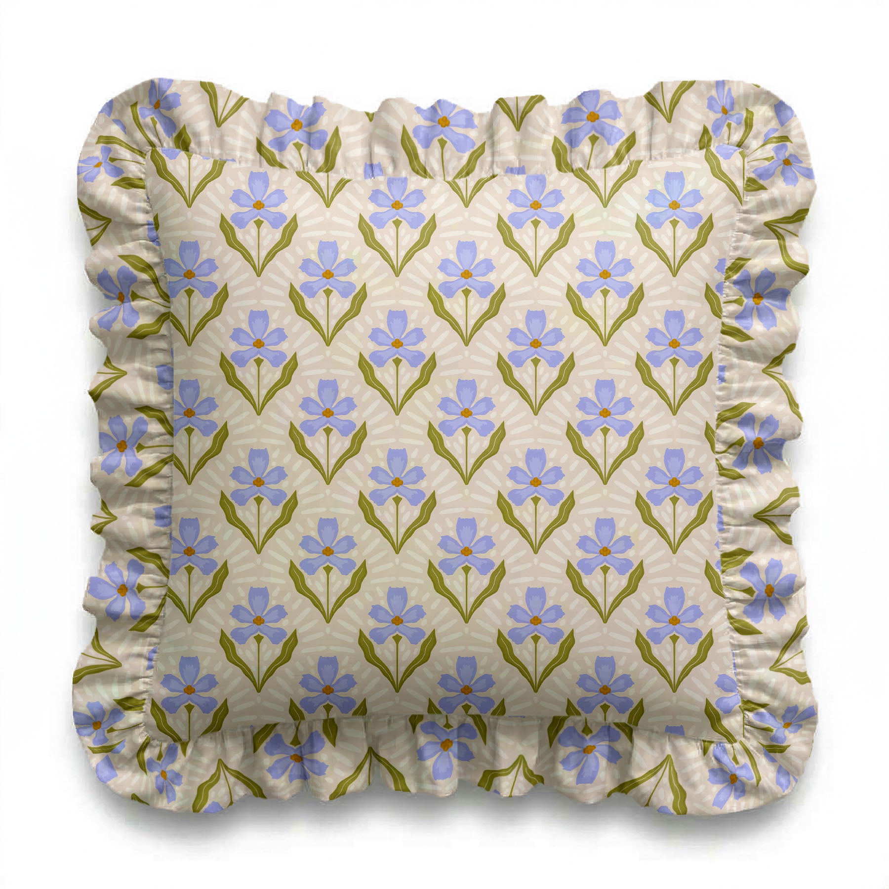 Floral patterned cushion with blue flowers and green leaves on a beige background