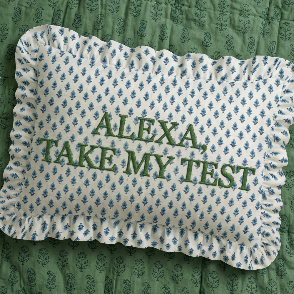 Fabric patch with 'ALEXA, TAKE MY TEST' text on a green patterned background