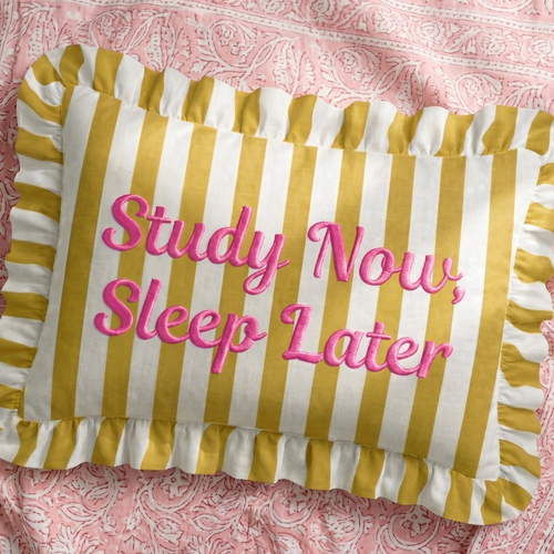 "Sleep Later" Ruffled Embroidered Pillow | Statement Pillow