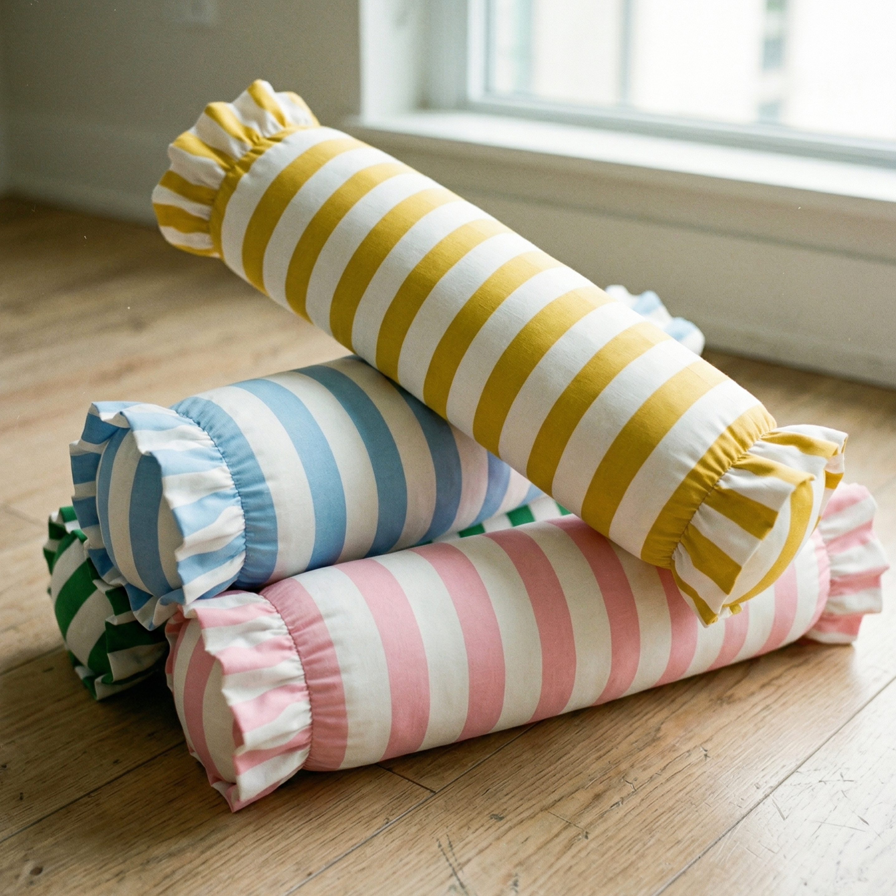Colorful striped cylindrical pillows on a wooden floor.