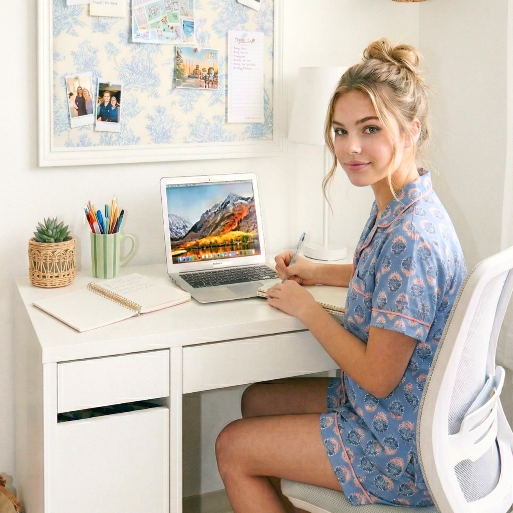 Woman sitting at a desk with a laptop, smiling at the camera.
