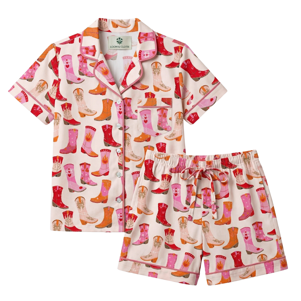 Pajama set with boot pattern on a white background