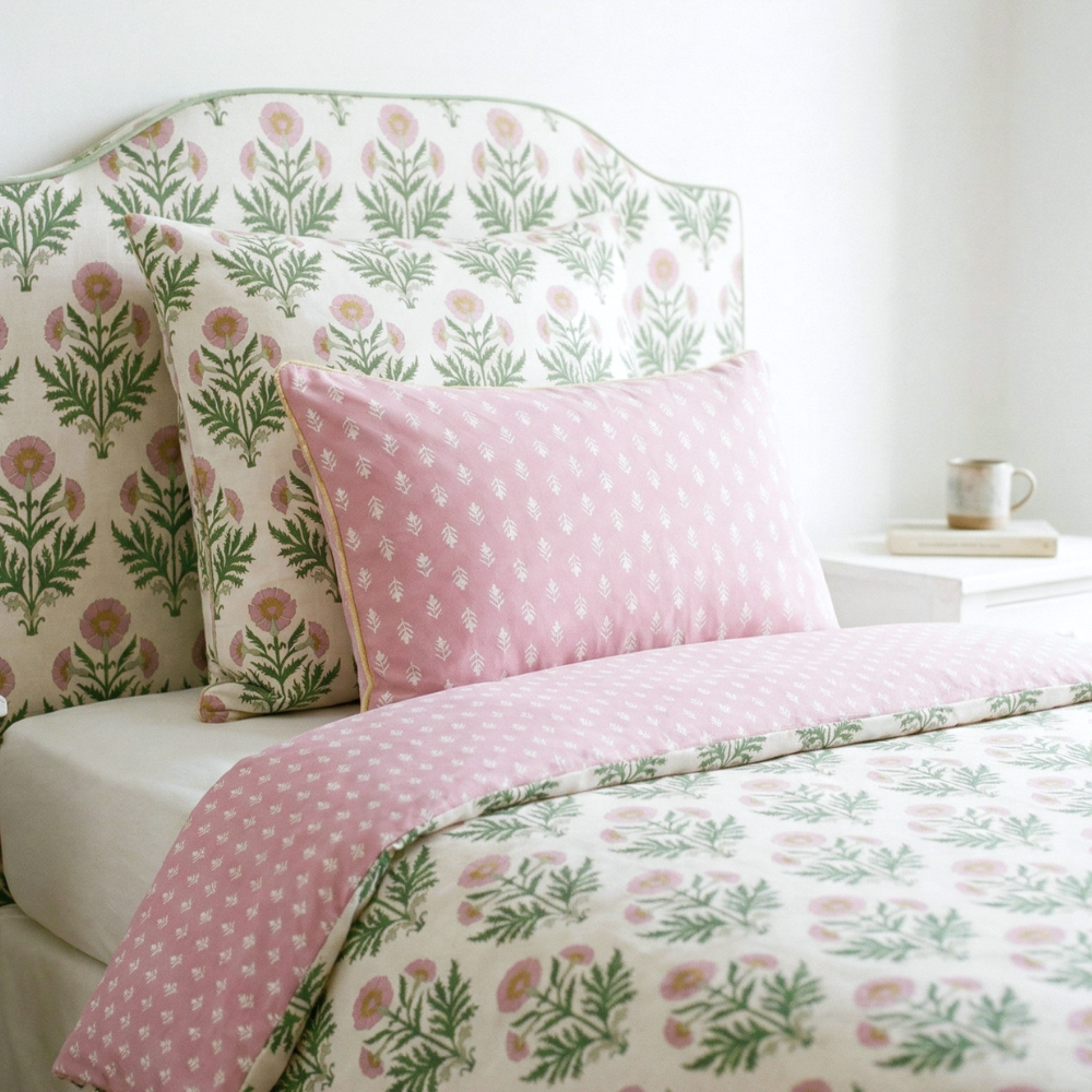 Bed with floral headboard and matching bedding in a bedroom setting