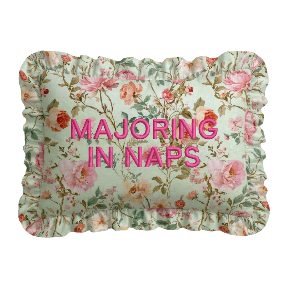 "Nap Major" Ruffled Embroidered Pillow | Statement Pillow