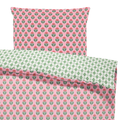 Floral patterned bedding set with pink and green design on a white background