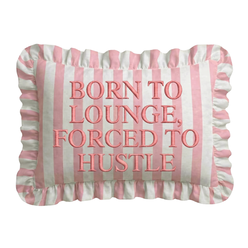 Striped pillow with pink text on a white background