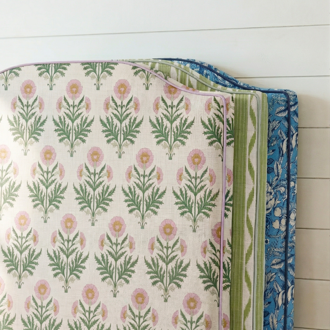 Floral patterned fabric on a wooden surface