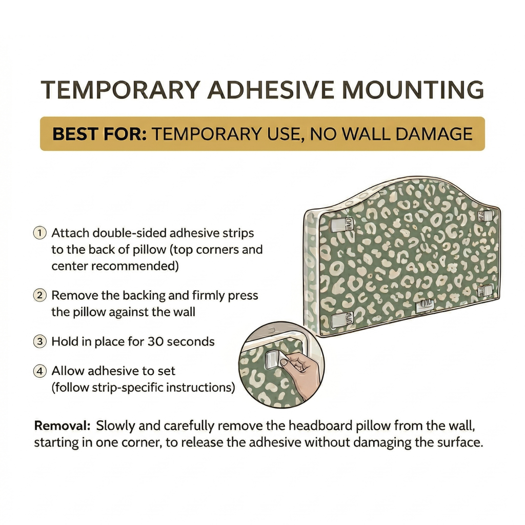 Instructions for using temporary adhesive mounting on a headboard pillow with a green leopard print design.