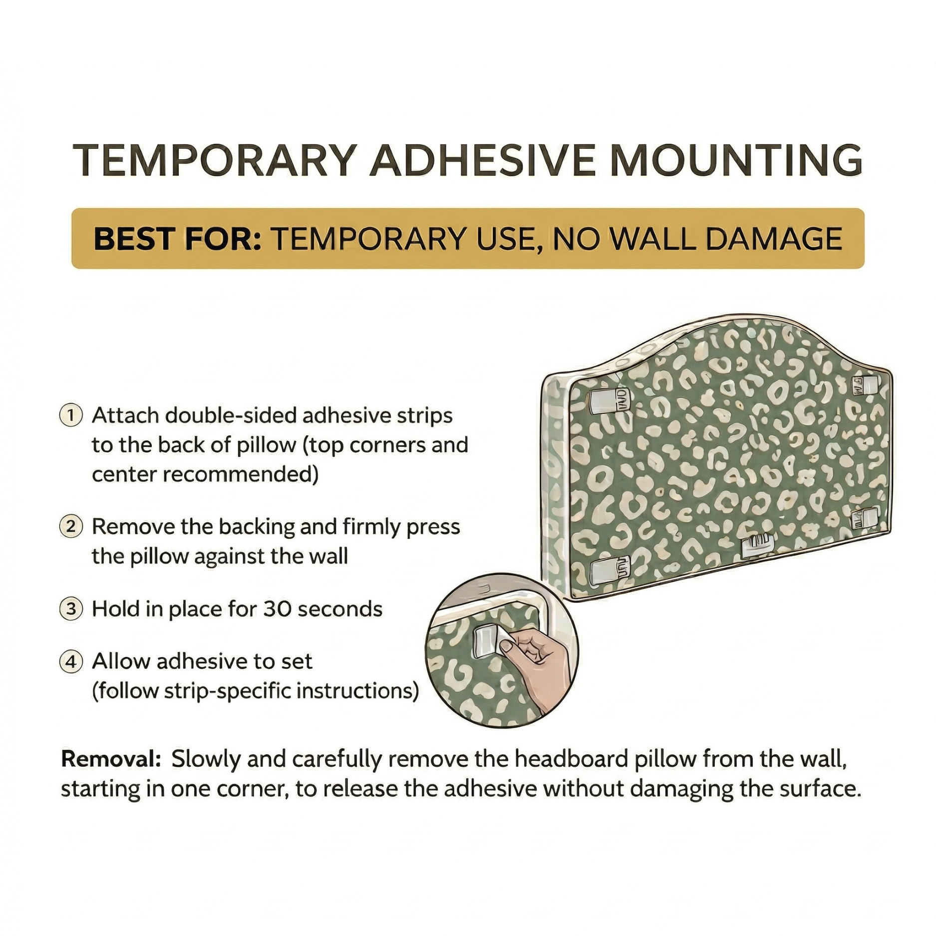 Instructions for using temporary adhesive mounting on a headboard pillow with a green leopard print design.