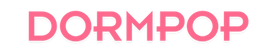Dormpop logo in pink on a white background