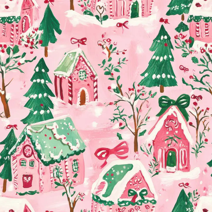 A repeating Christmas village pattern on a light pink background, featuring pink and mint green gingerbread houses, dark green pine trees, candy cane details, and red bows.