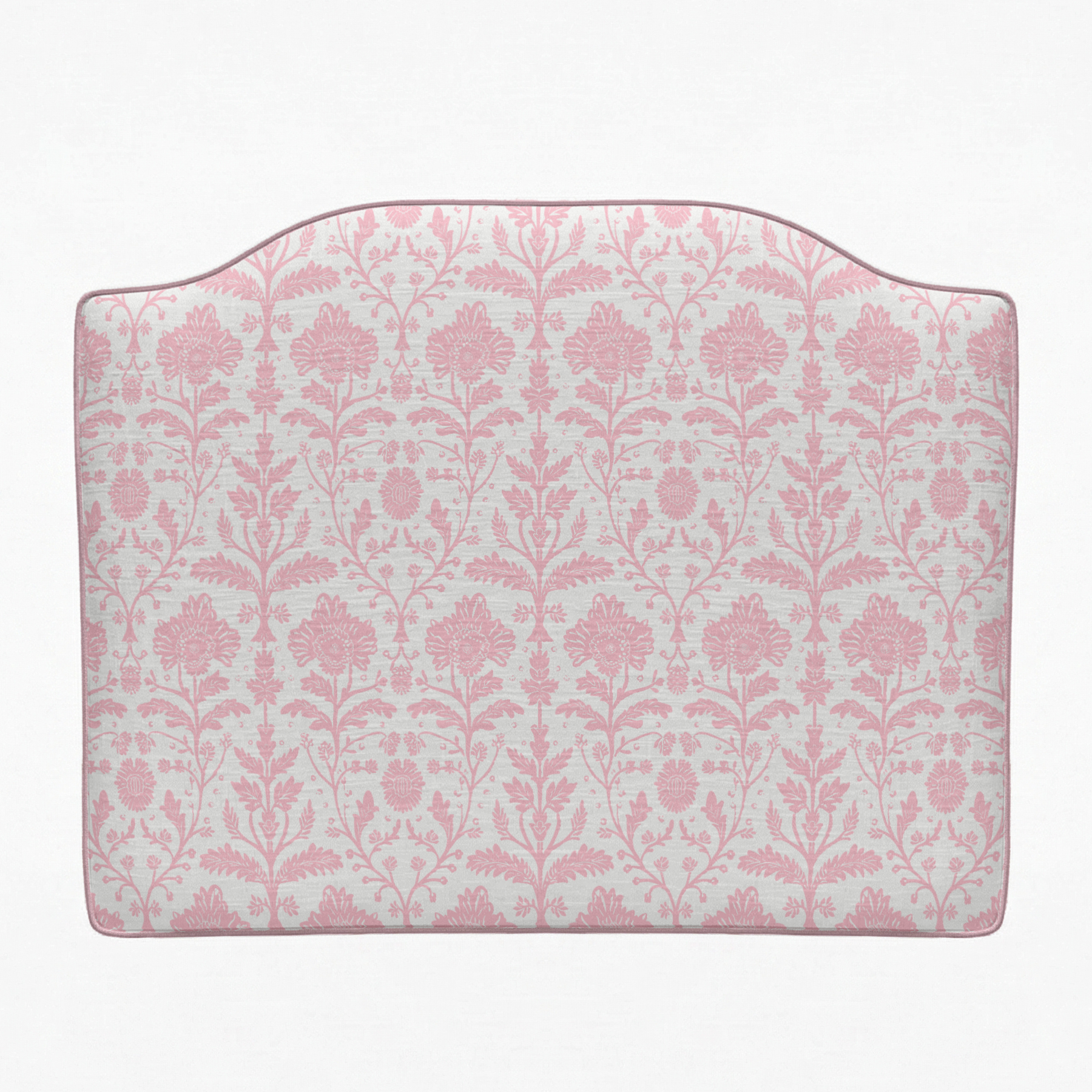 Pink floral patterned headboard on a white background