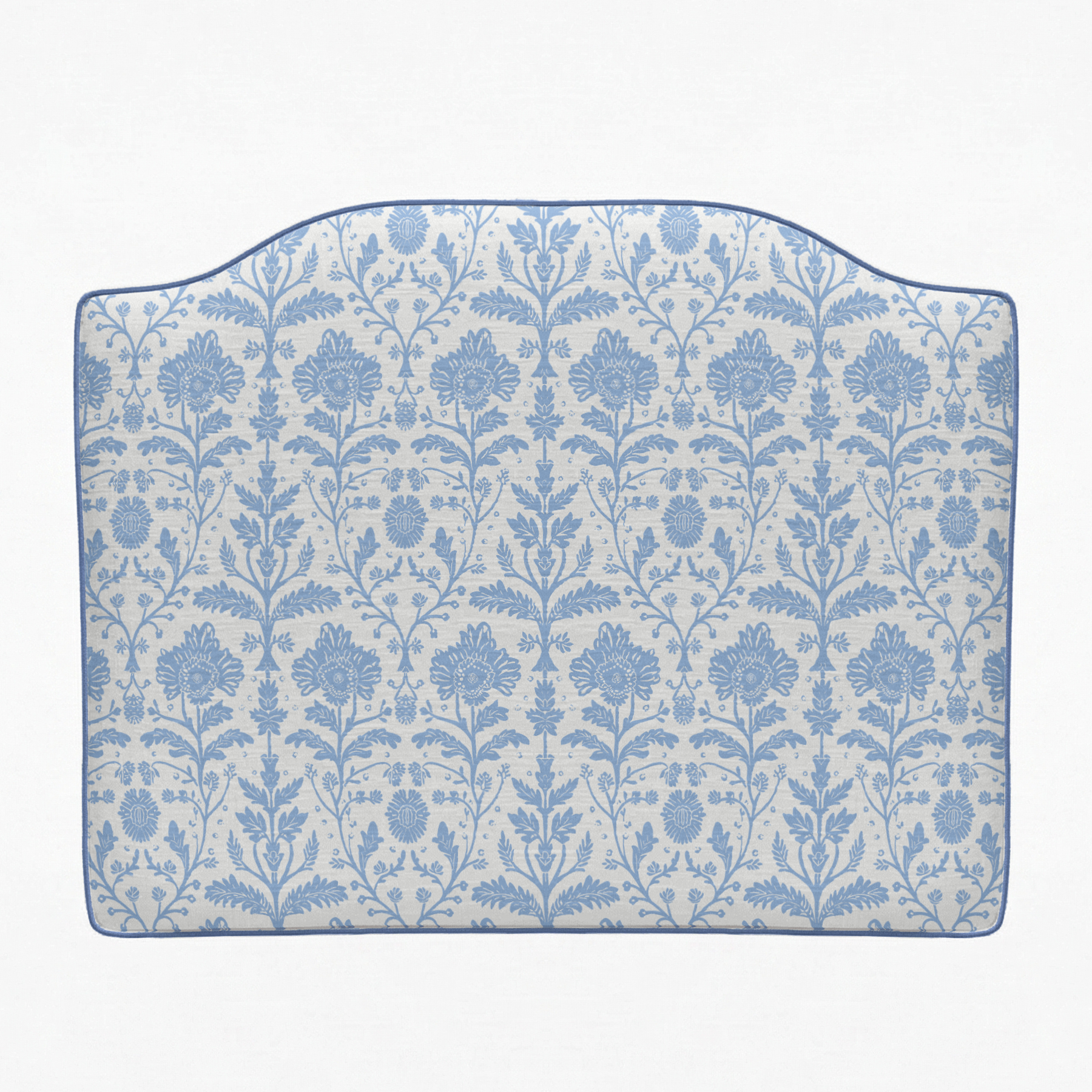 Decorative headboard with blue floral pattern on a white background