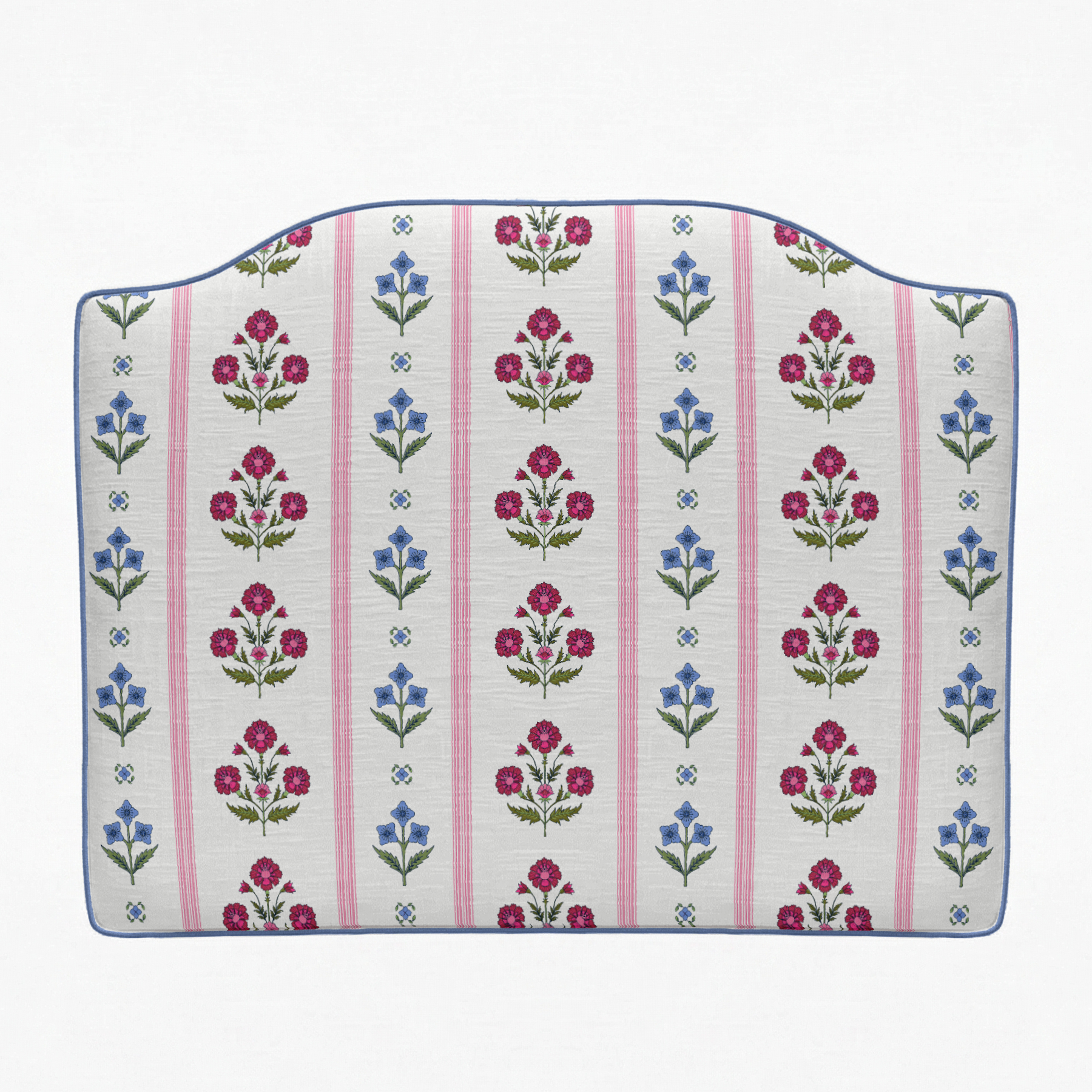 Floral patterned cushion with pink stripes on a white background