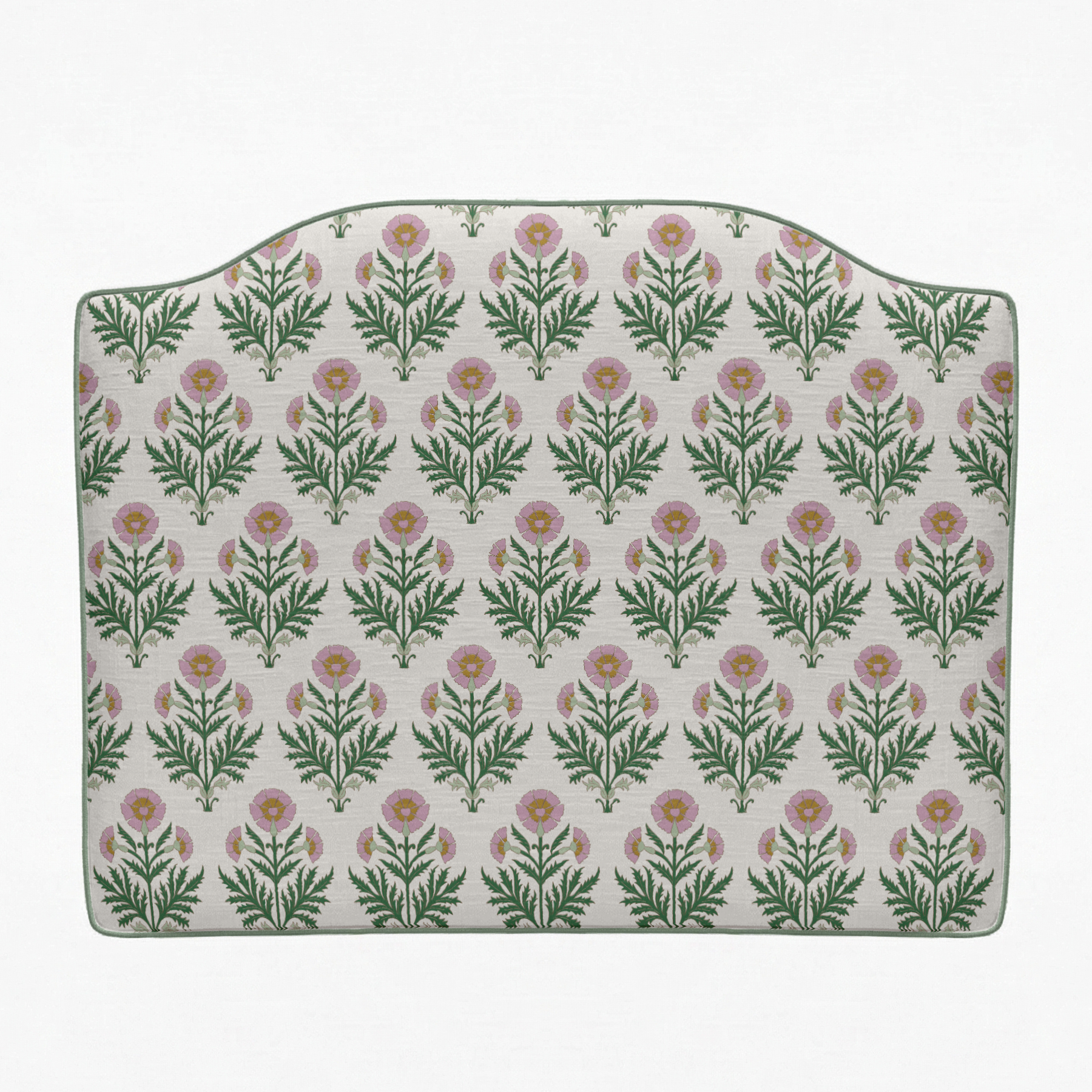 Floral patterned headboard on a white background