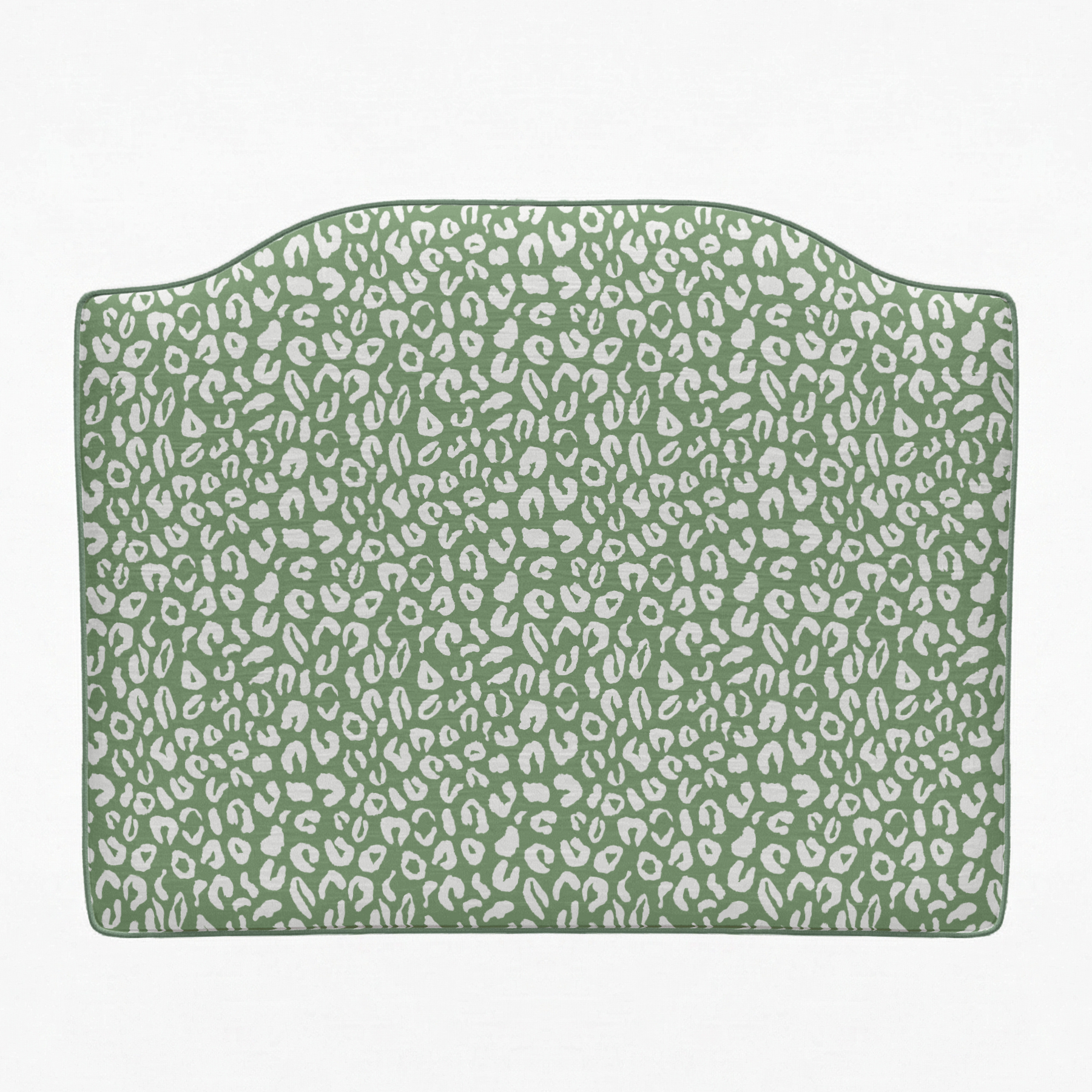 Green headboard with white leopard print pattern on a white background