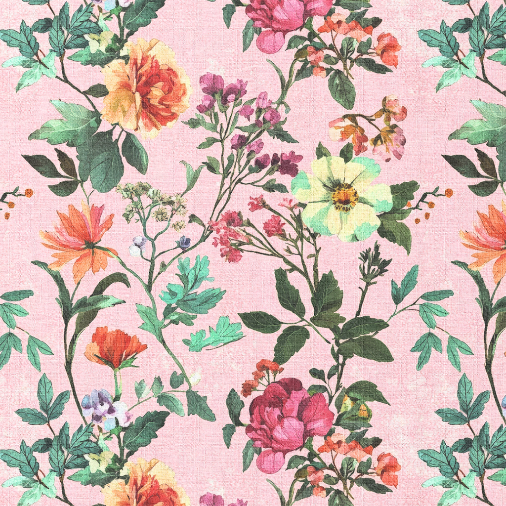 Floral pattern with colorful flowers on a pink background