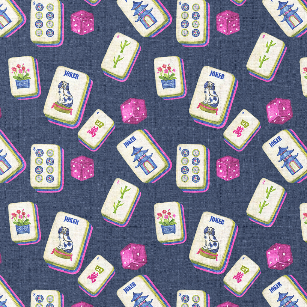 Pattern of playing cards and dice on a blue background