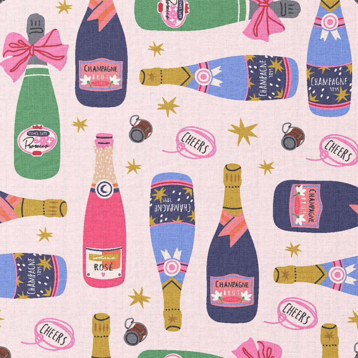 Pattern of colorful champagne bottles and glasses on a light pink background