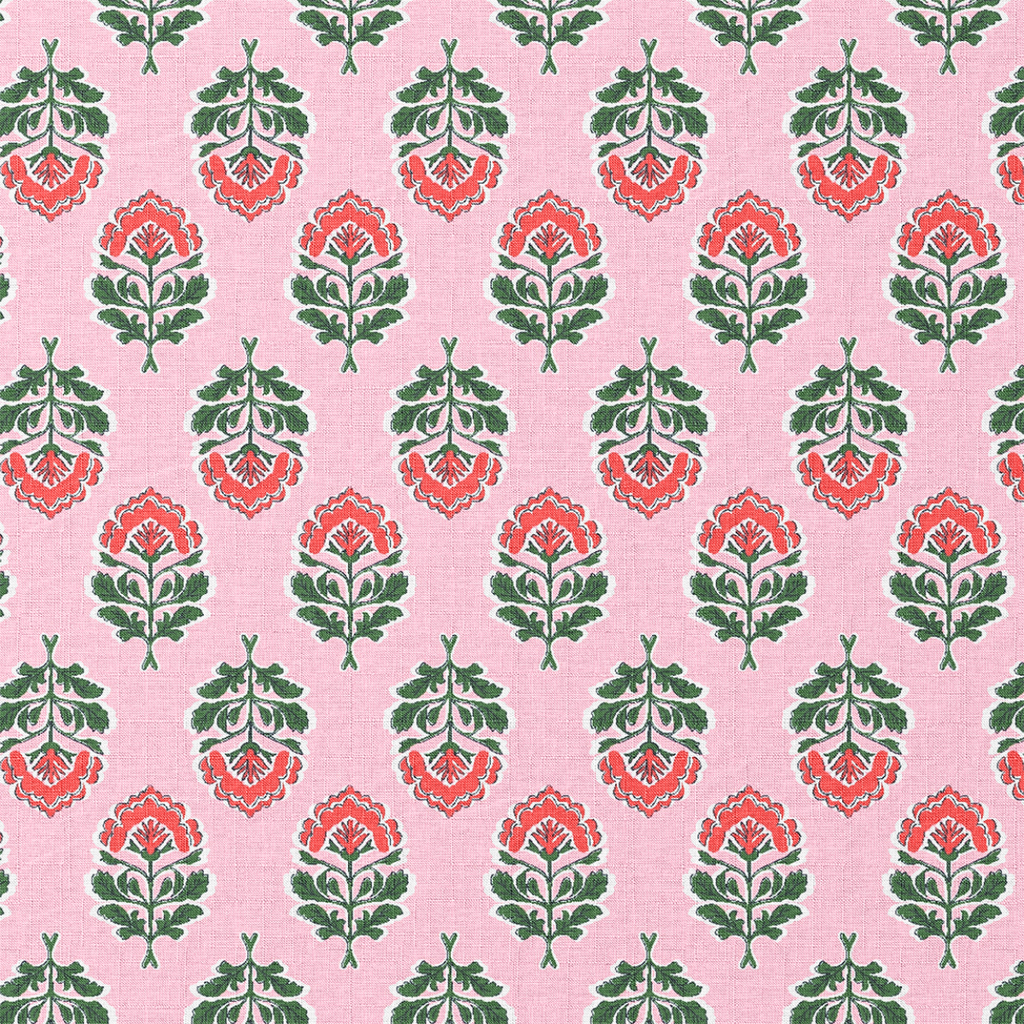 Pattern of red and green floral designs on a pink background