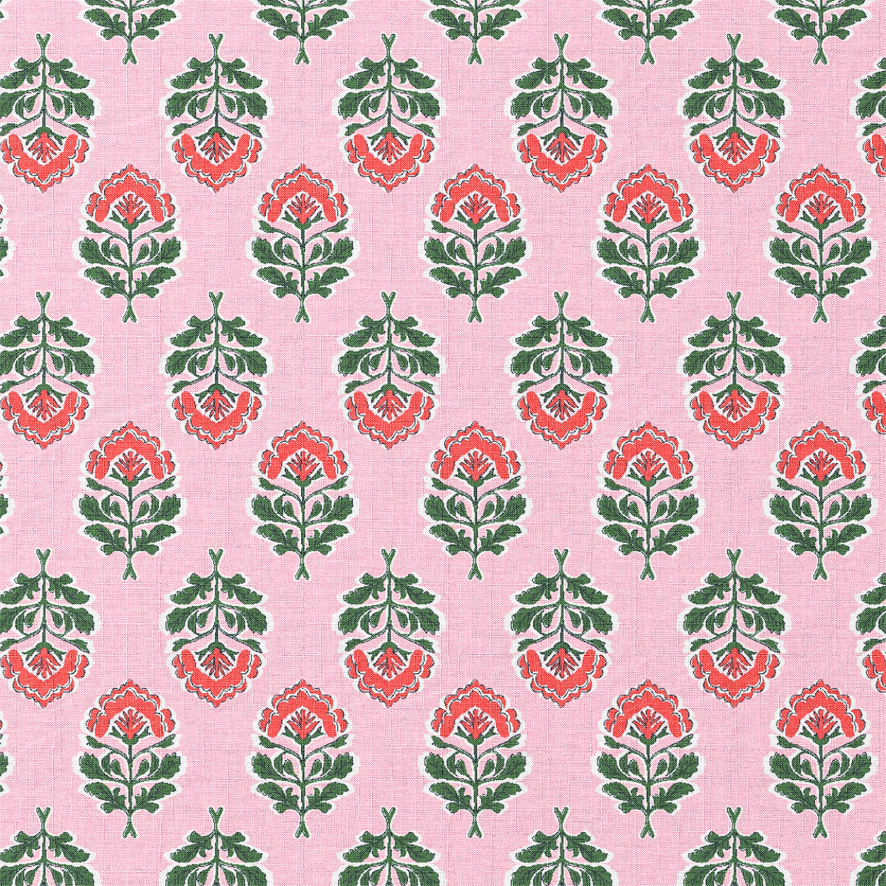 Pattern of red and green floral designs on a pink background