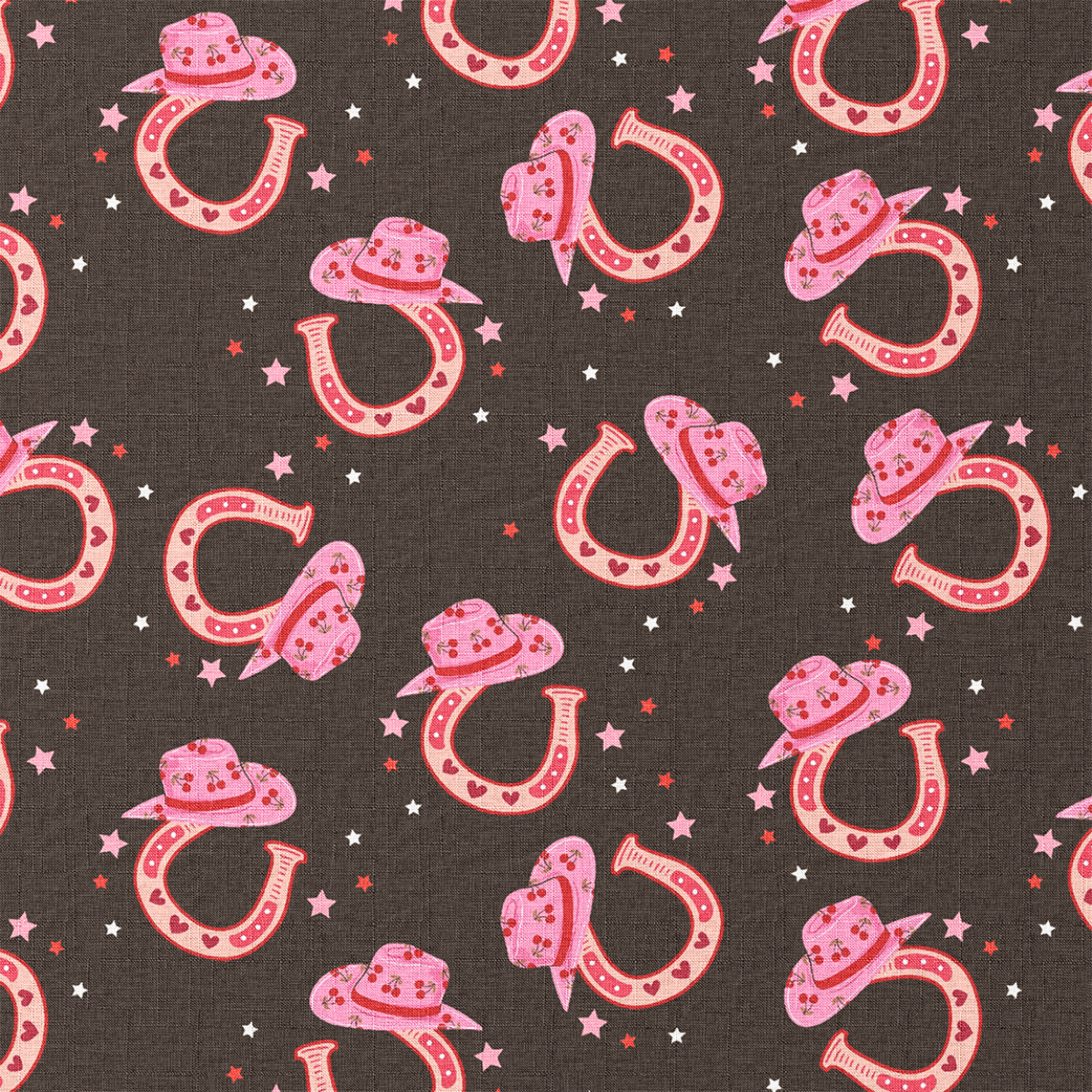 Pattern of pink cowboy hats and horseshoes on a dark background