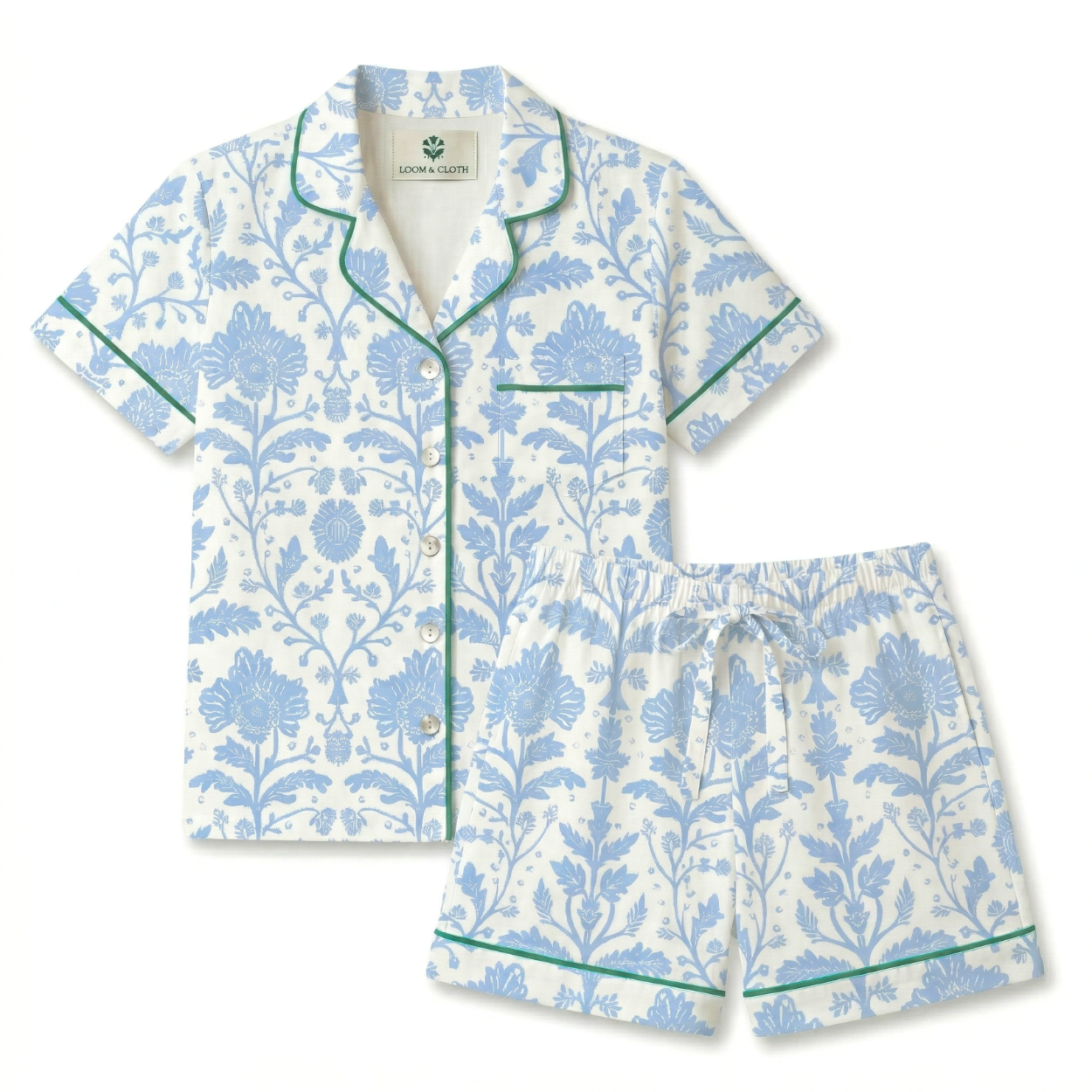 Floral pajama set with blue and green details on a white background