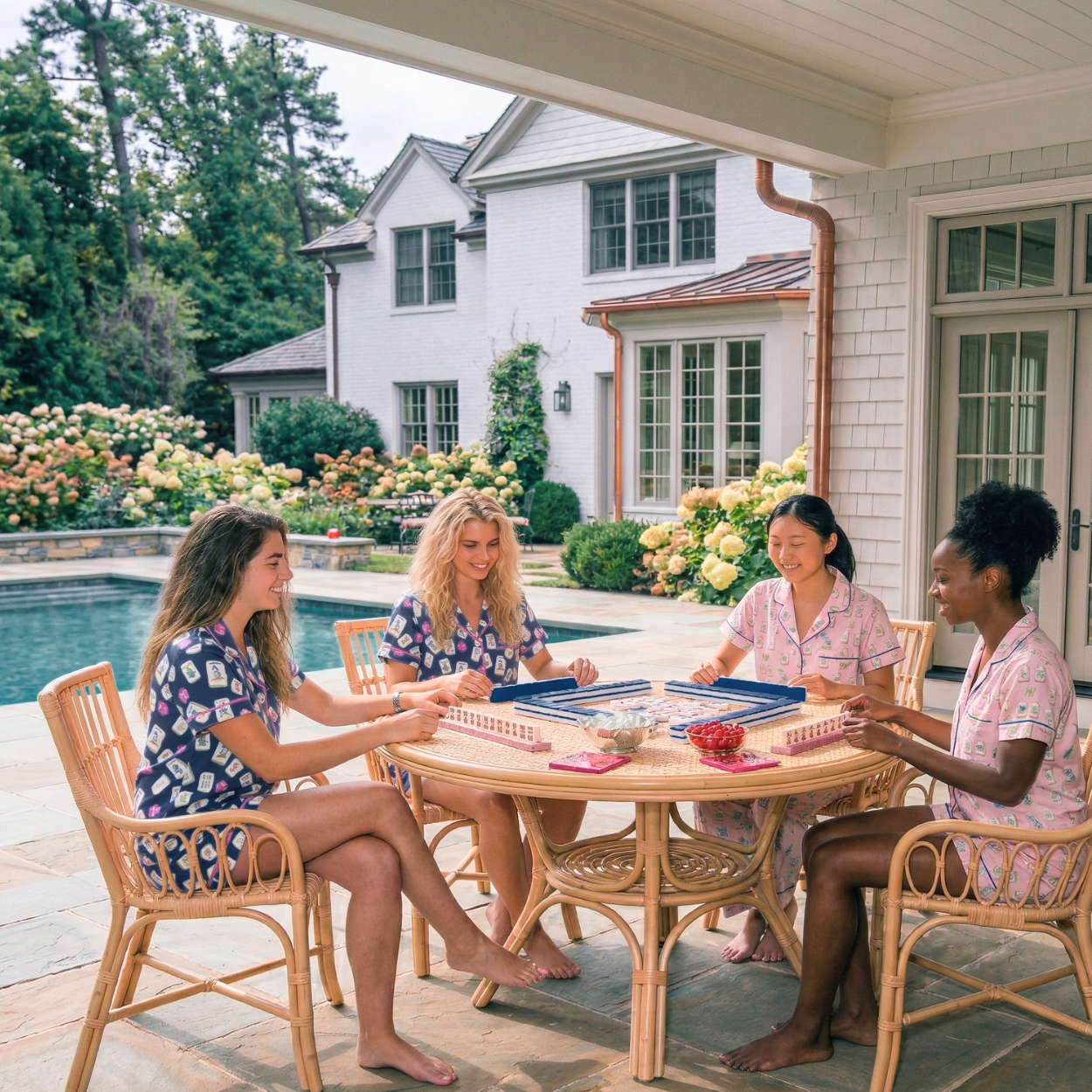 Four women playing a board game outdoors on a patio with a pool and garden in the background.