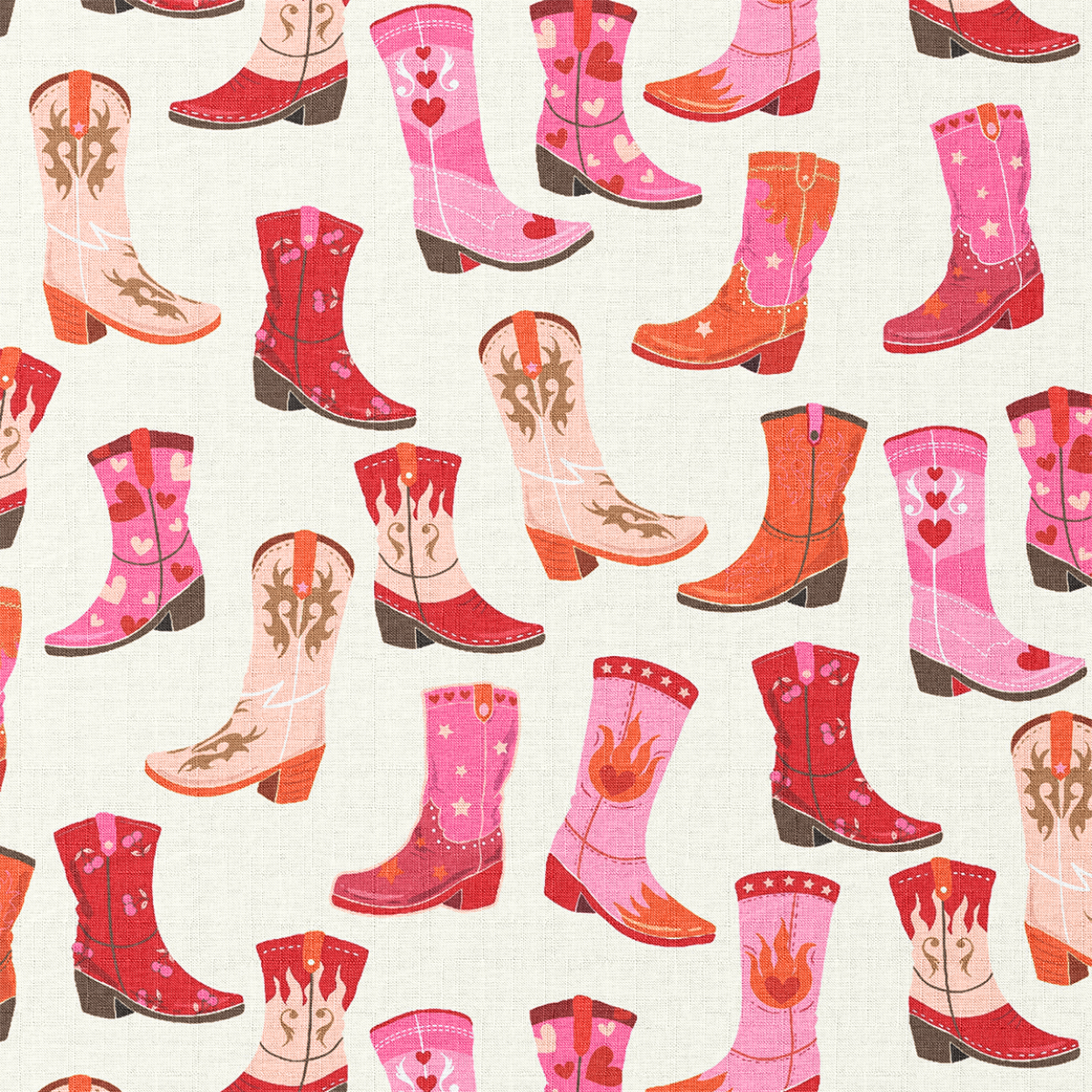 Pattern of colorful boots with hearts and designs on a light background