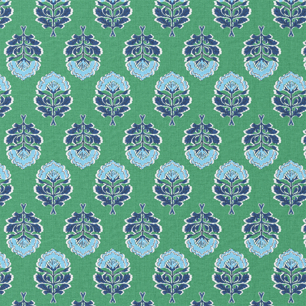 Pattern of blue and green leaves on a green background