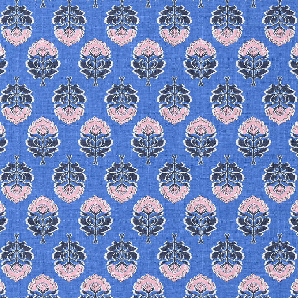 Patterned fabric with pink and blue floral design on a blue background